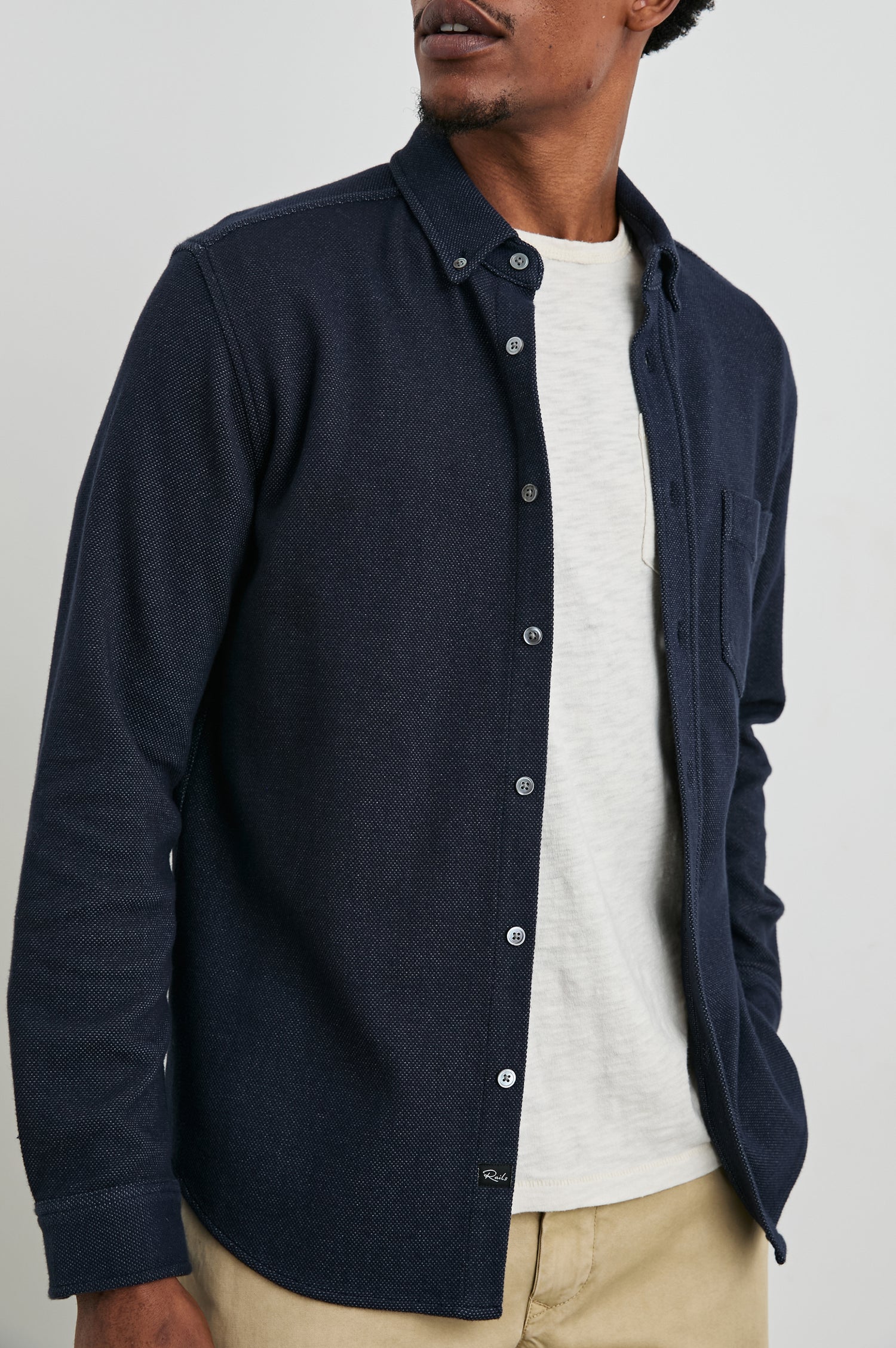 Vincent Shirt in Soft Piqué With Button-Down Collar, Chest Pocket, Front Buttons, Long Sleeves, and Classic Fit in Dark Navy Colorway - Front Close-Up View Featured on Model