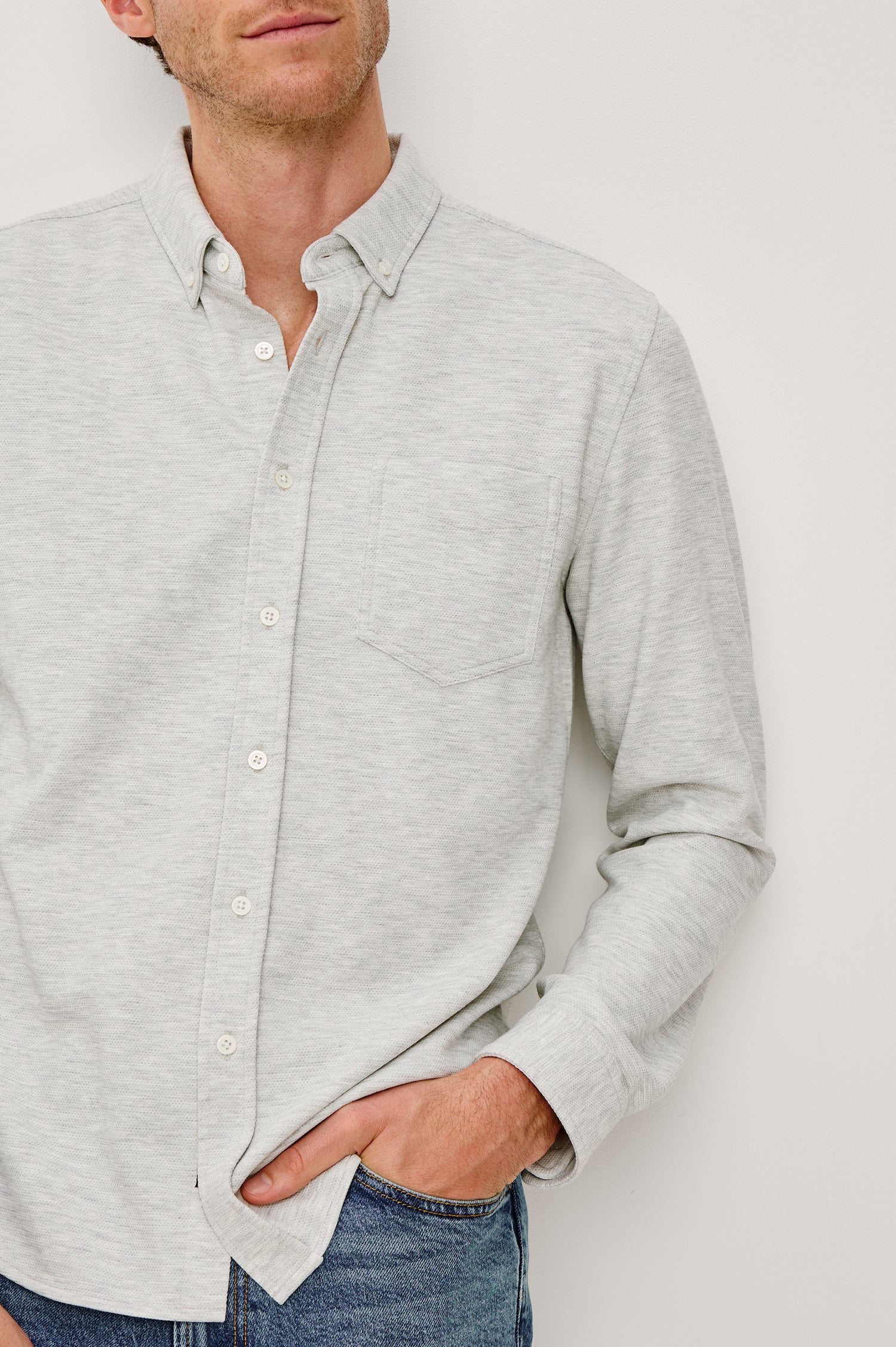 Vincent Button Front Collared Shirt in Viscose Blend With Single Chest Pocket and Long Sleeves in Heather Grey Colorway - Upper Body Front Close Up View Featured on Model