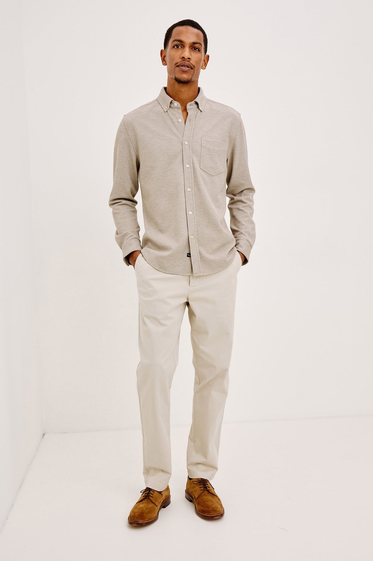 Vincent Shirt in Soft Piqué With Button-Down Collar, Chest Pocket, Front Buttons, Long Sleeves, and Classic Fit in Silt Colorway - Full Body Front View Featured on Model