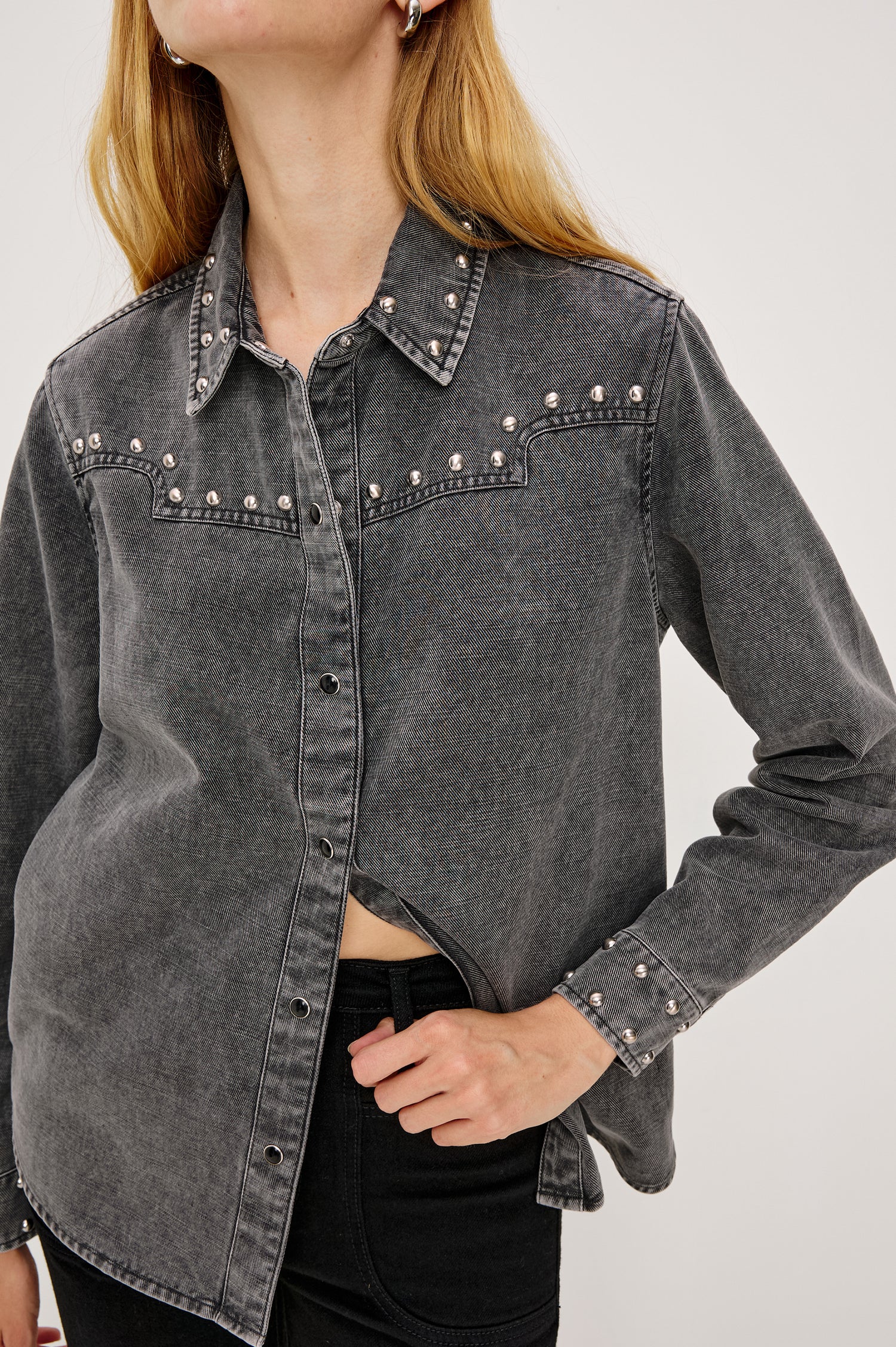 Vinea Collared Shirt in Vintage Twill With Vintage-Inspired Wash, Metallic Studs, Long Sleeves, and Front Snap Button Closures in Black Colorway - Upper Body Close Up Front View Featured on Model
