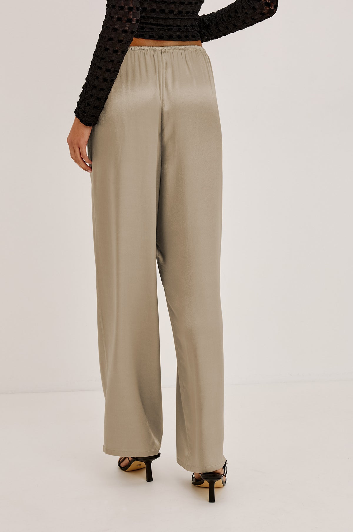 Virgo Pant in Satin-Back Crepe With Srtaight Legs, Drawstring Waist, and Side-Seam Pockets in Mink Colorway -Upper Body Back View Featured on Model.
