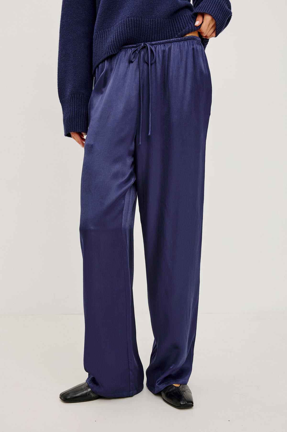 Virgo Pant in Satin-Back Crepe With Srtaight Legs, Drawstring Waist, and Side-Seam Pockets in Navy Colorway - Full Body Front View Featured on Model