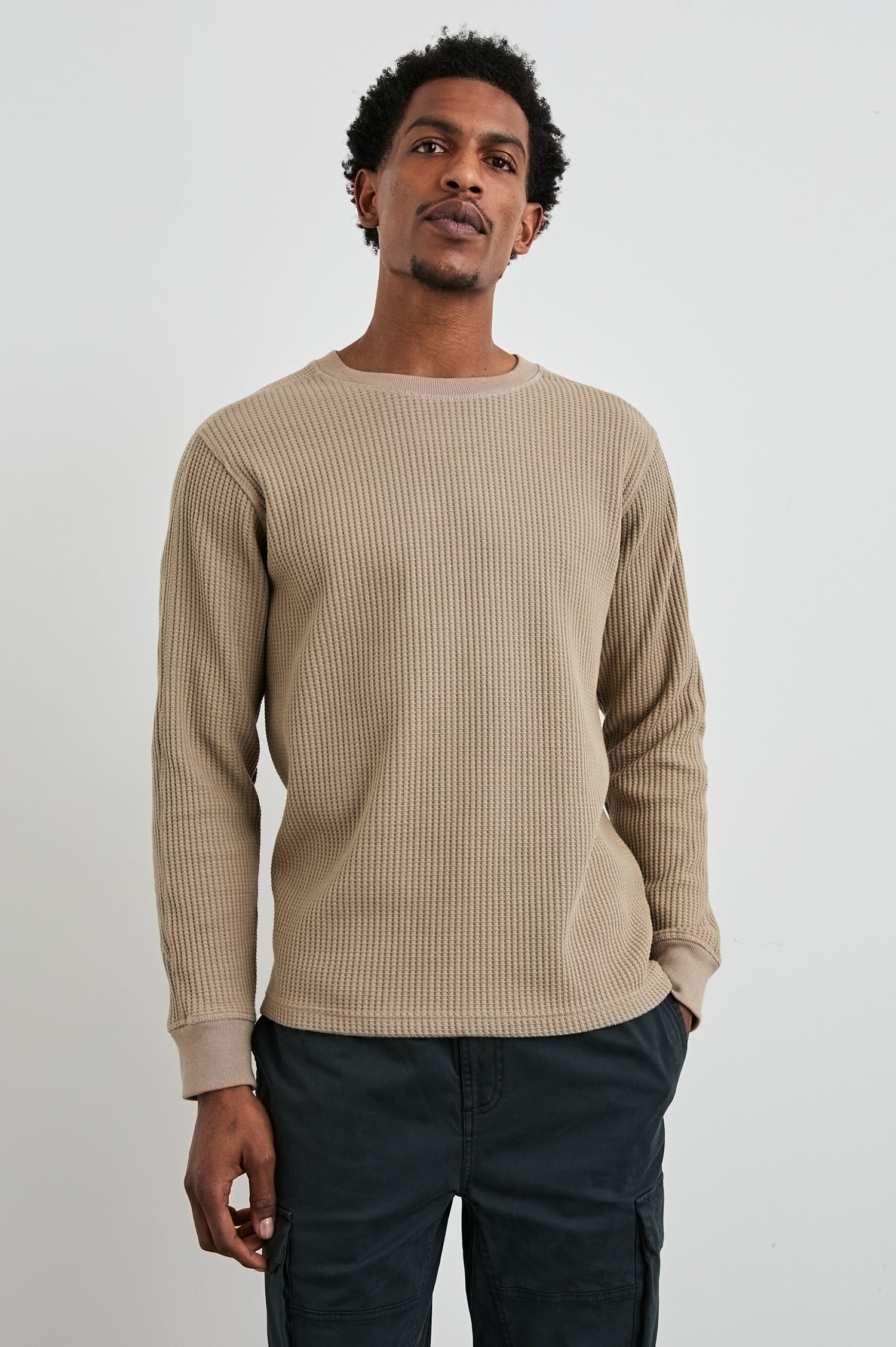 Wade Long-Sleeve Waffle Knit Thermal with a Crew Neck in Barley Colorway - Front View Featured on Model