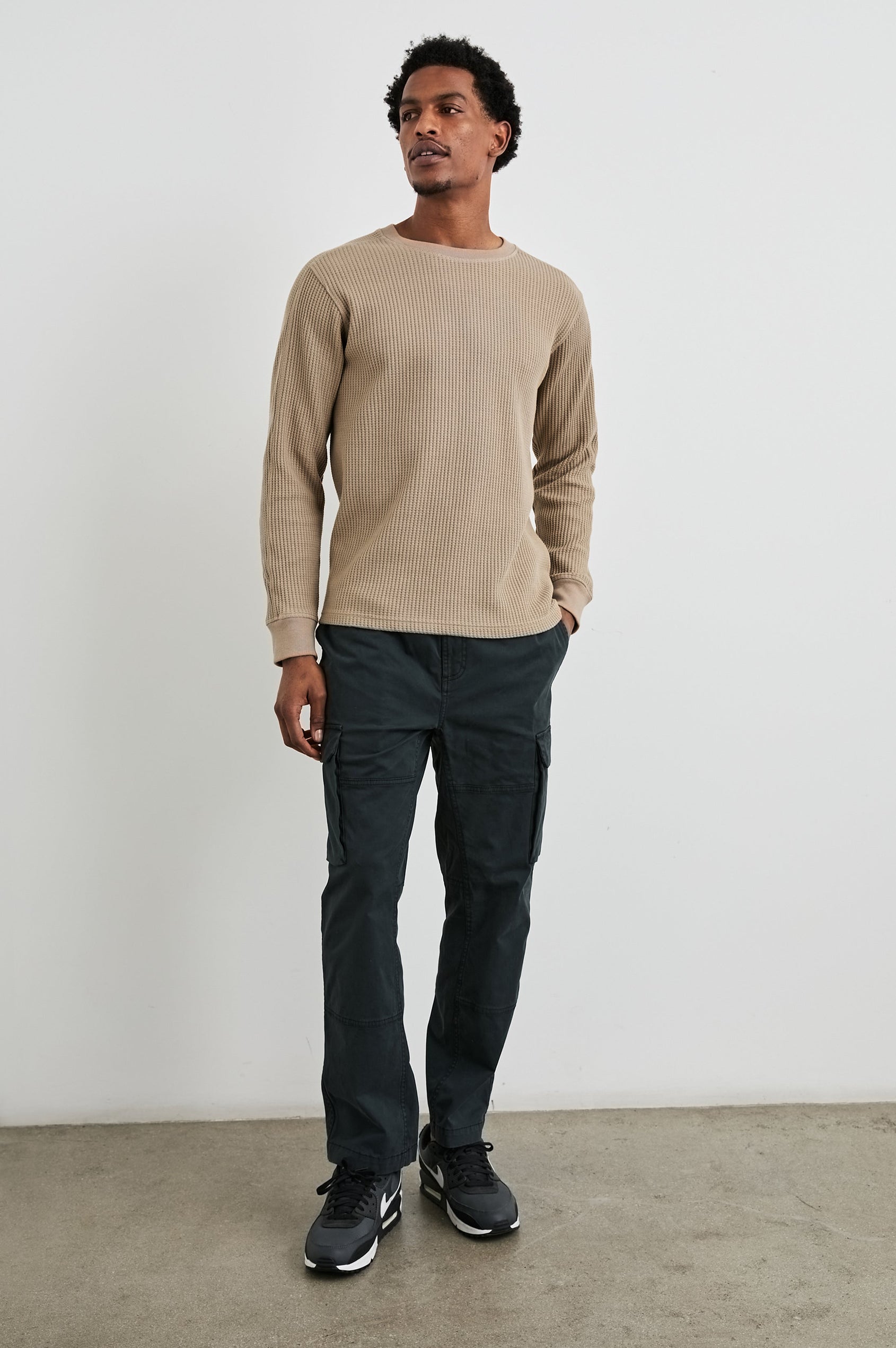 Wade Long-Sleeve Waffle Knit Thermal with a Crew Neck in Barley Colorway - Front Full Body View Featured on Model