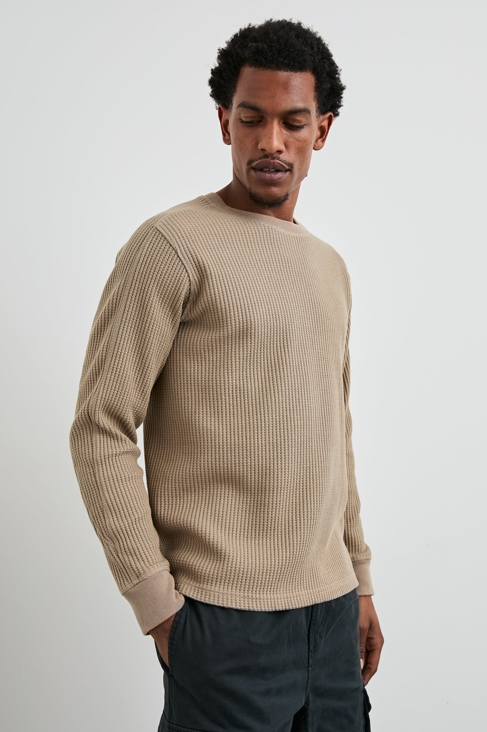 Wade Long-Sleeve Waffle Knit Thermal with a Crew Neck in Barley Colorway - Front View Featured on Model