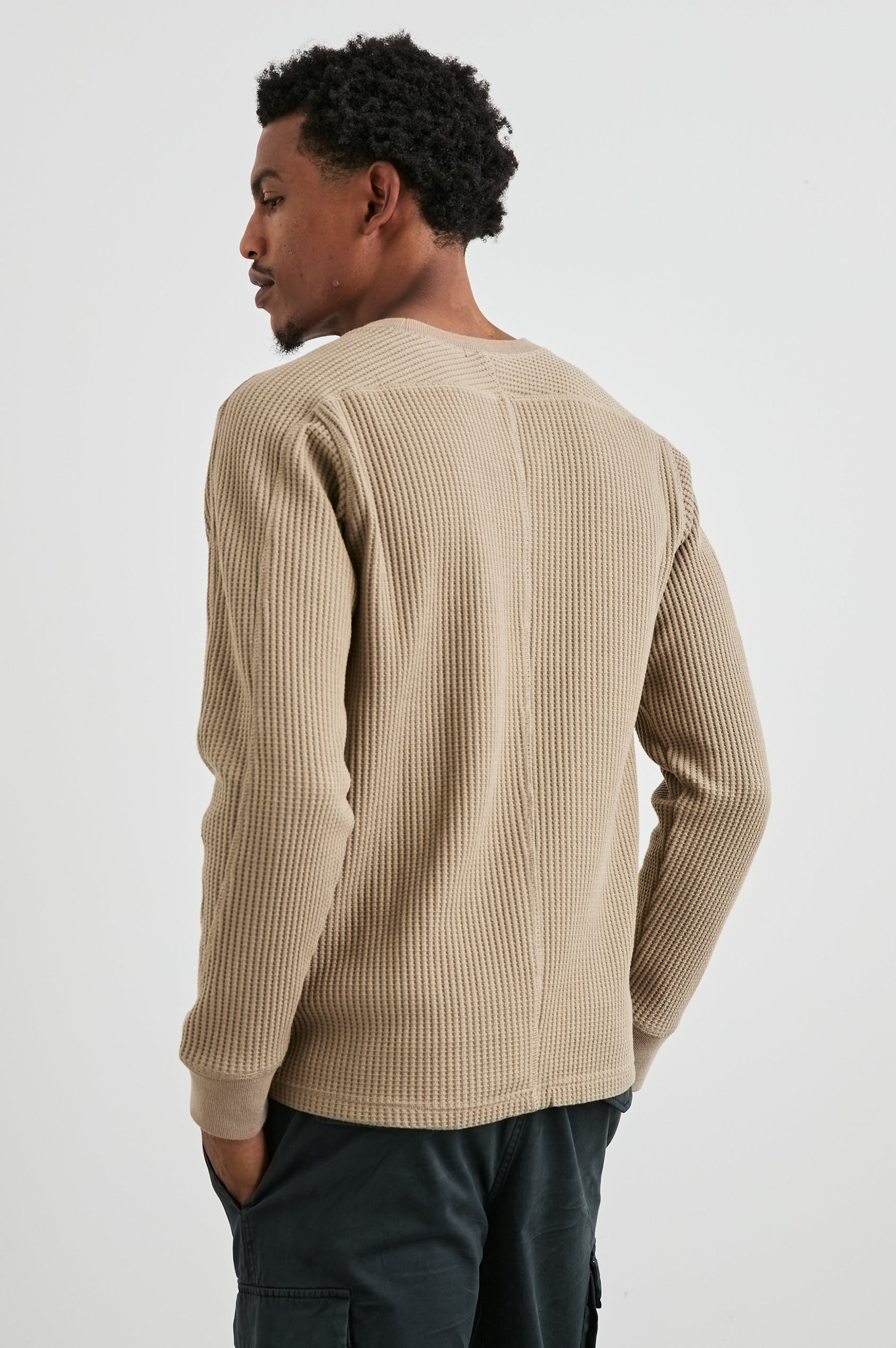 Wade Long-Sleeve Waffle Knit Thermal with a Crew Neck in Barley Colorway - Back View Featured on Model