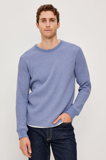 Wade Long-Sleeve Waffle Knit Thermal with a Crew Neck in Blue Heather Colorway. Front View Featured on Model.