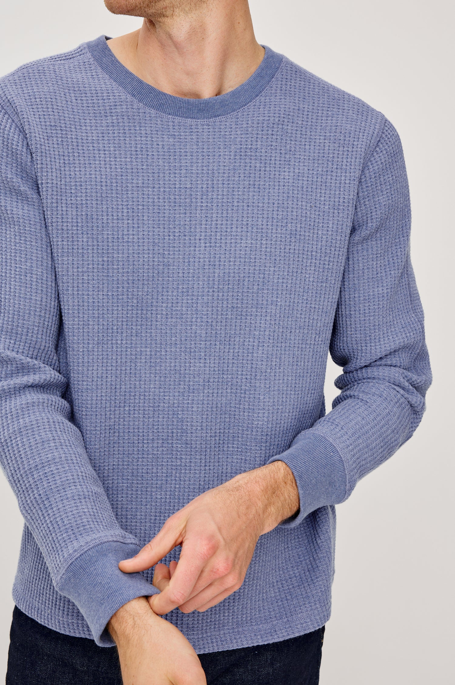 Wade Long-Sleeve Waffle Knit Thermal with a Crew Neck in Blue Heather Colorway. Front Detail View Featured on Model.