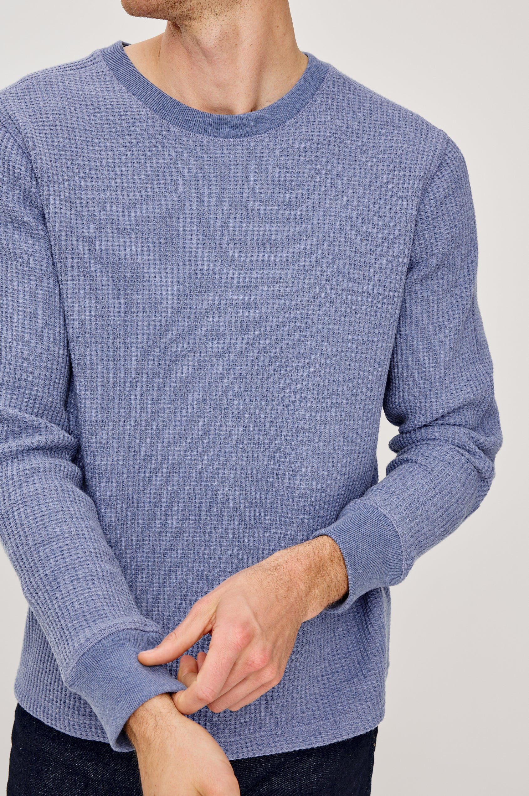 Wade Long-Sleeve Waffle Knit Thermal with a Crew Neck in Blue Heather Colorway. Front Detail View Featured on Model.