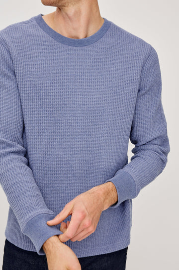 Wade Long-Sleeve Waffle Knit Thermal with a Crew Neck in Blue Heather Colorway. Front Detail View Featured on Model.