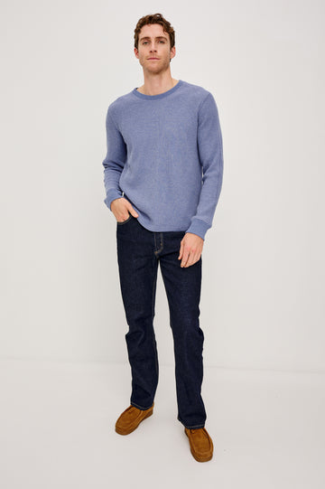 Wade Long-Sleeve Waffle Knit Thermal with a Crew Neck in Blue Heather Colorway. Front Full Body View Featured on Model.