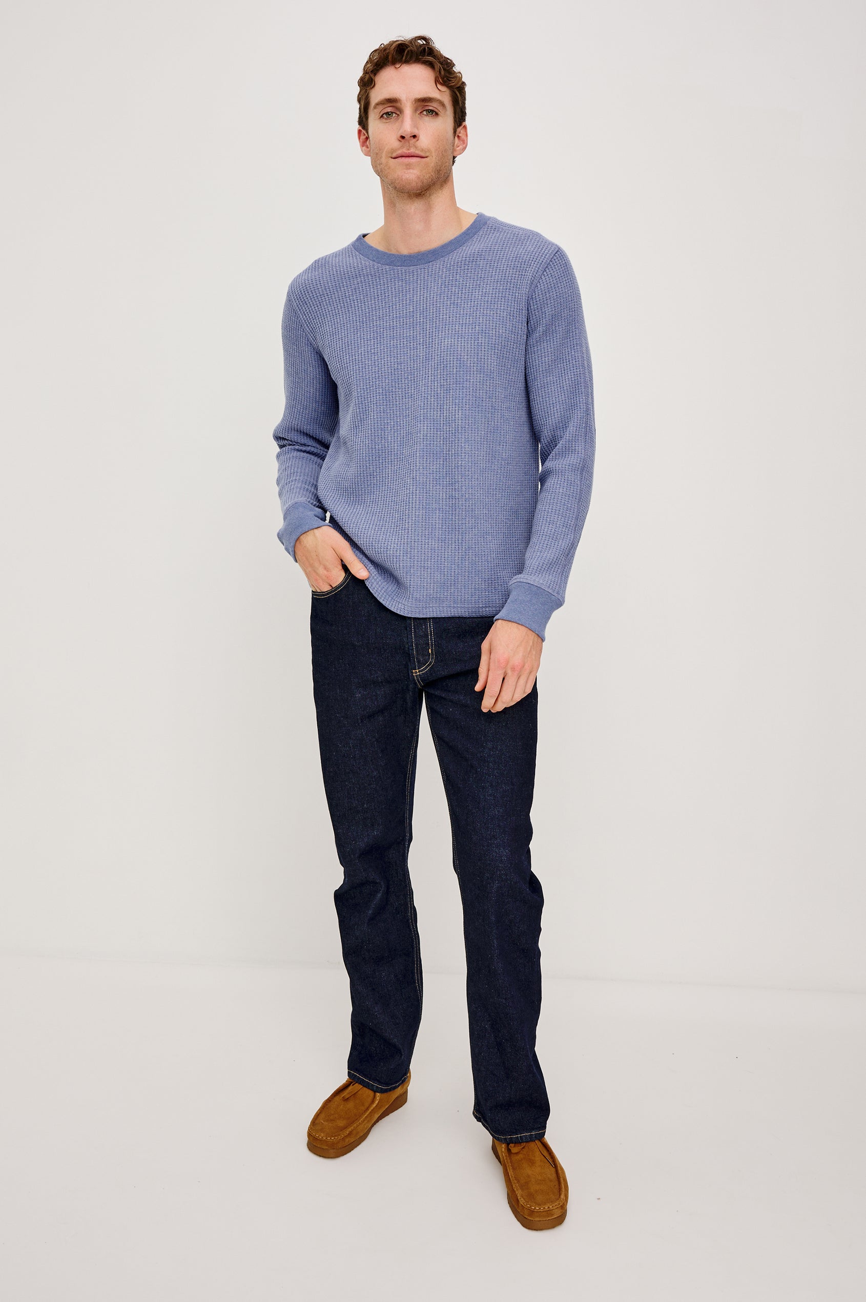 Wade Long-Sleeve Waffle Knit Thermal with a Crew Neck in Blue Heather Colorway. Front Full Body View Featured on Model.