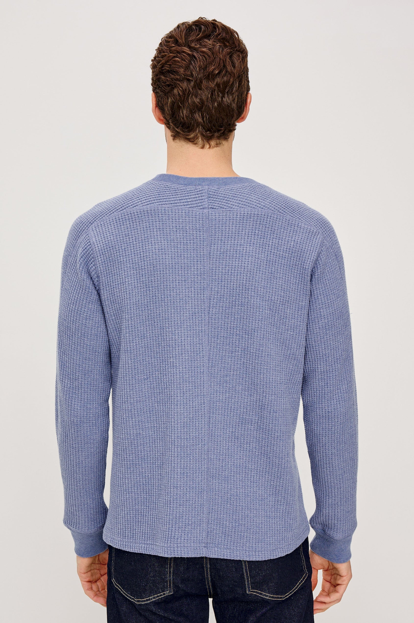 Wade Long-Sleeve Waffle Knit Thermal with a Crew Neck in Blue Heather Colorway. Back View Featured on Model.