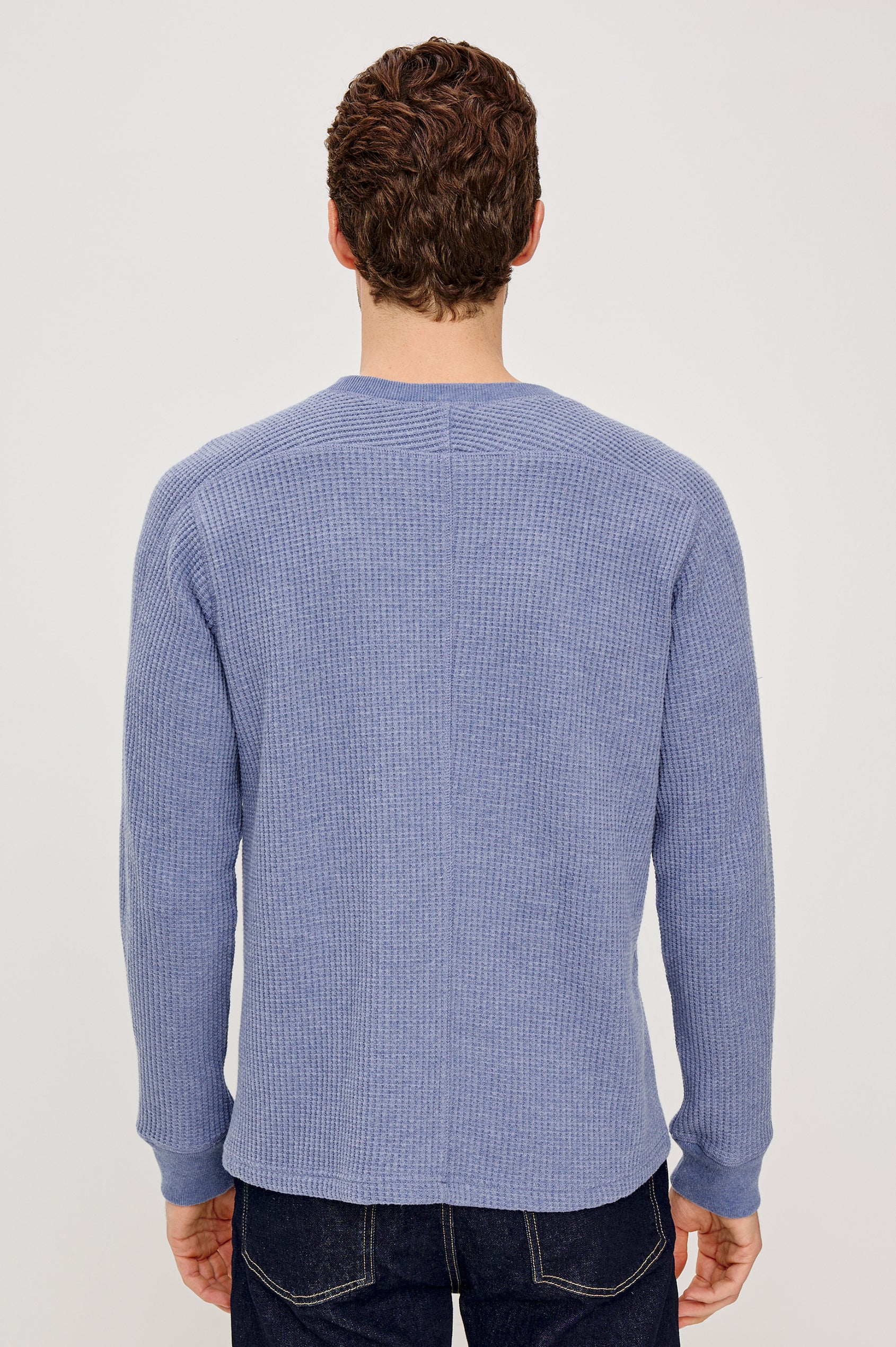 Wade Long-Sleeve Waffle Knit Thermal with a Crew Neck in Blue Heather Colorway. Back View Featured on Model.
