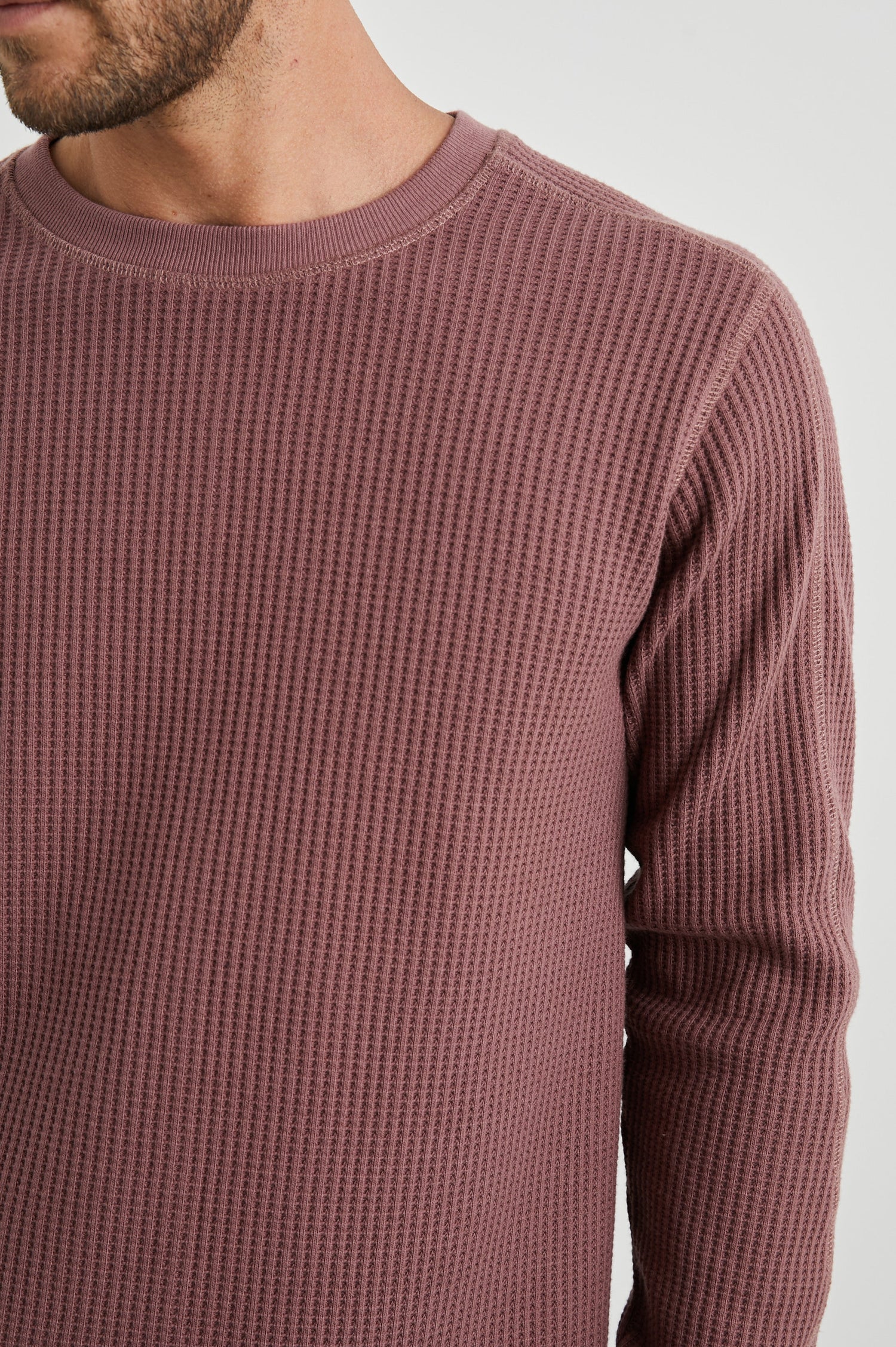 Wade Long-Sleeve Waffle Knit Thermal with a Crew Neck in Brick Colorway - Front View Featured on Model