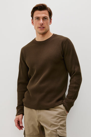Wade Long-Sleeve Waffle Knit Thermal with a Crew Neck in Chocolate Colorway - Front View Featured on Model.