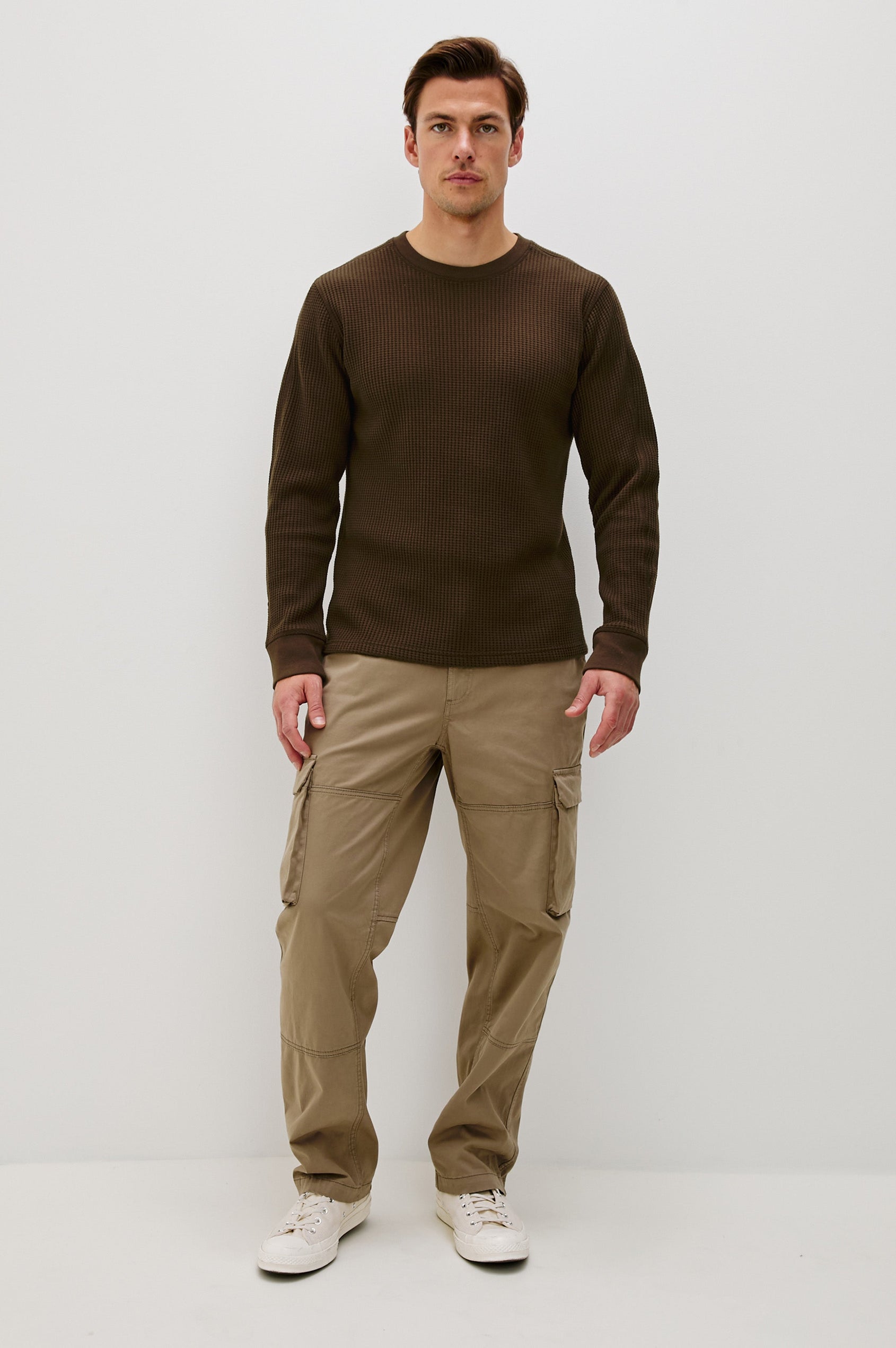 Wade Long-Sleeve Waffle Knit Thermal with a Crew Neck in Chocolate Colorway - Front Full Body View Featured on Model.