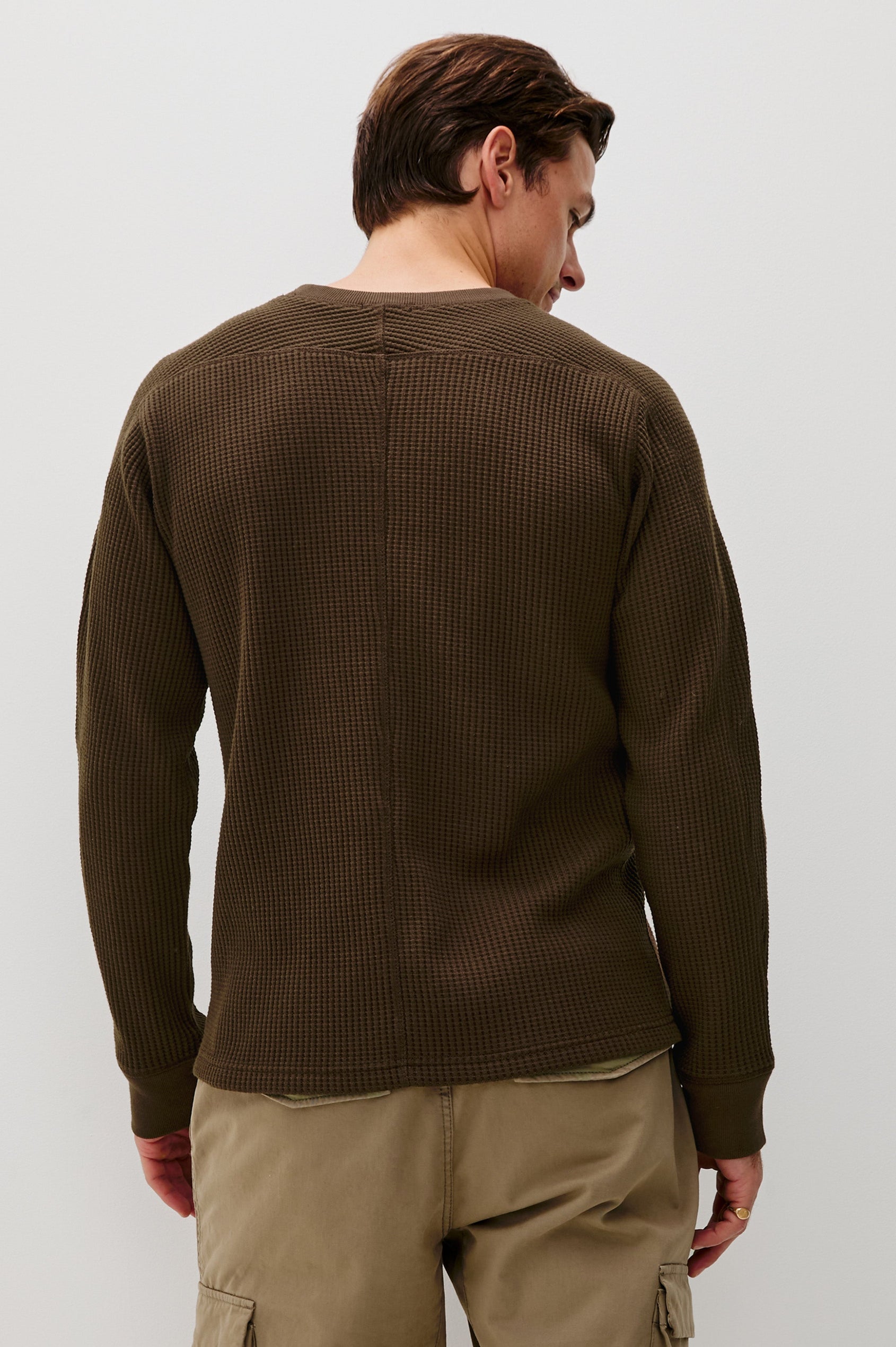 Wade Long-Sleeve Waffle Knit Thermal with a Crew Neck in Chocolate Colorway - Back View Featured on Model.