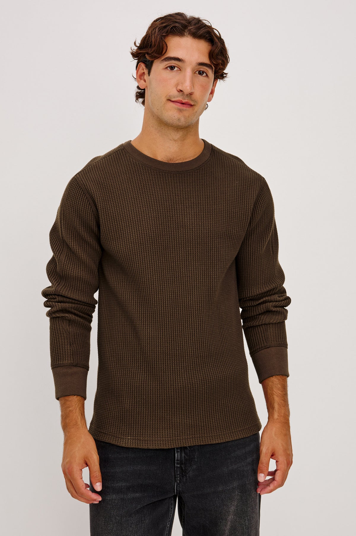 Wade Long-Sleeve Waffle Knit Thermal with a Crew Neck in Chocolate Colorway - Upper Body Front View Featured on Model.