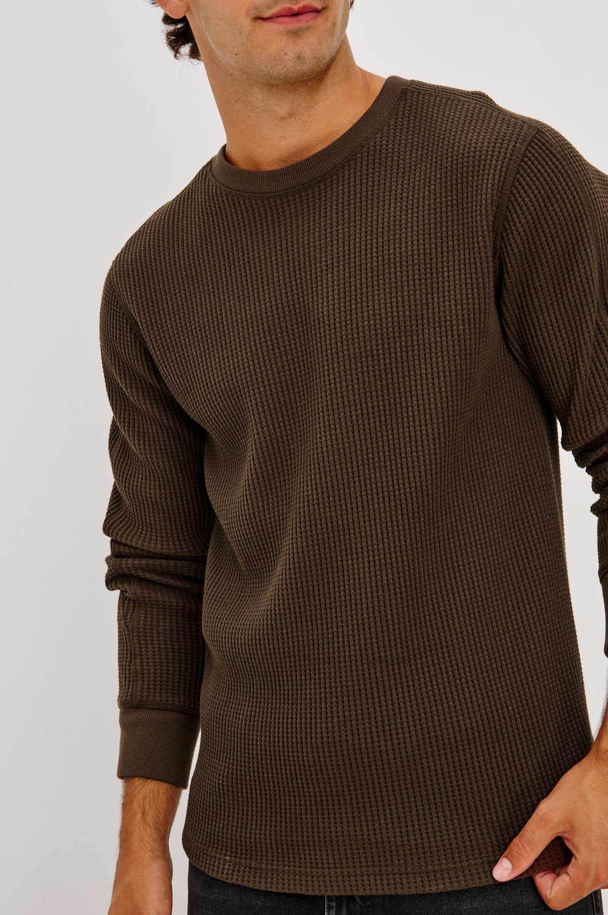 Wade Long-Sleeve Waffle Knit Thermal with a Crew Neck in Chocolate Colorway - Upper Body Front Detail View Featured on Model.