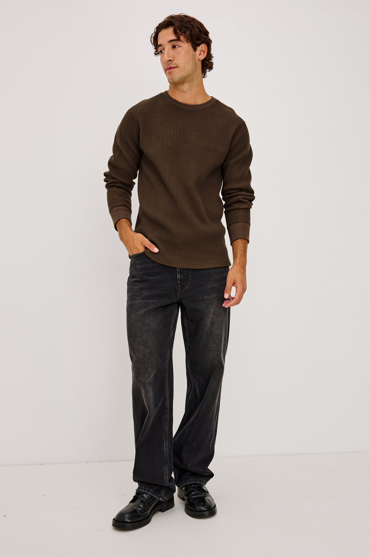Wade Long-Sleeve Waffle Knit Thermal with a Crew Neck in Chocolate Colorway - Full Body Front View Featured on Model.