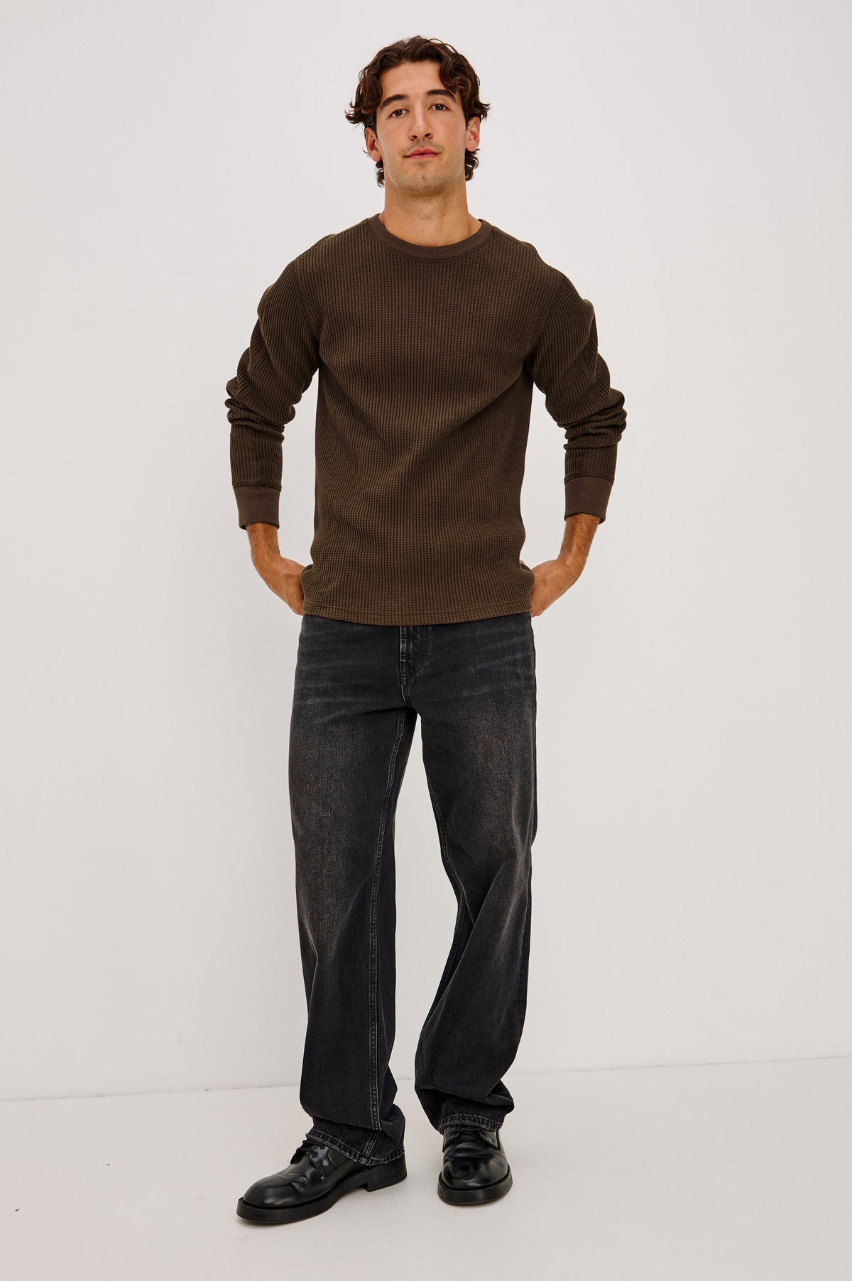 Wade Long-Sleeve Waffle Knit Thermal with a Crew Neck in Chocolate Colorway - Front View Featured on Model.