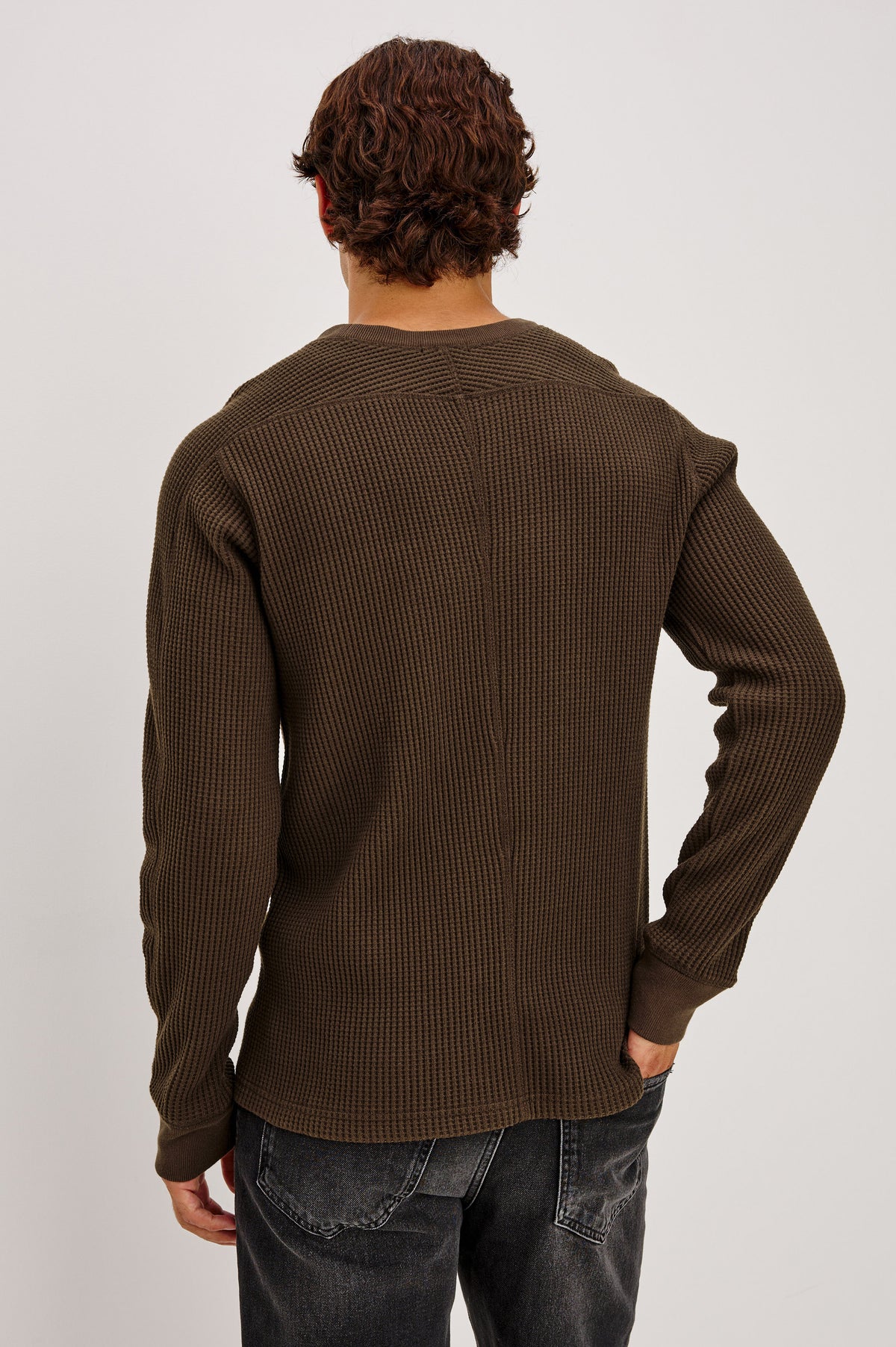 Wade Long-Sleeve Waffle Knit Thermal with a Crew Neck in Chocolate Colorway - Upper Body Back View Featured on Model.