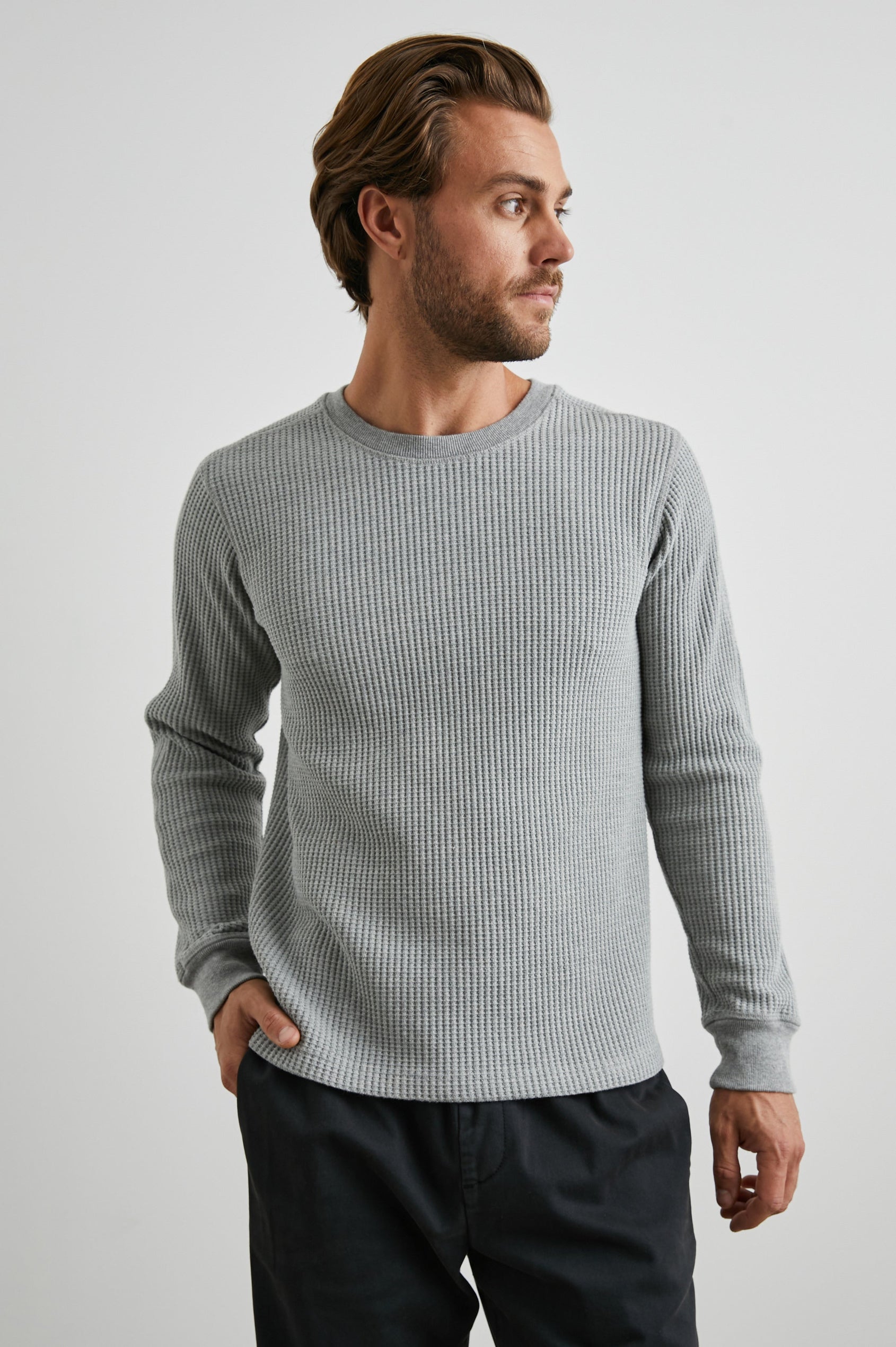 Wade Long-Sleeve Waffle Knit Thermal with a Crew Neck in Heather Grey Colorway - Front View Featured on Model