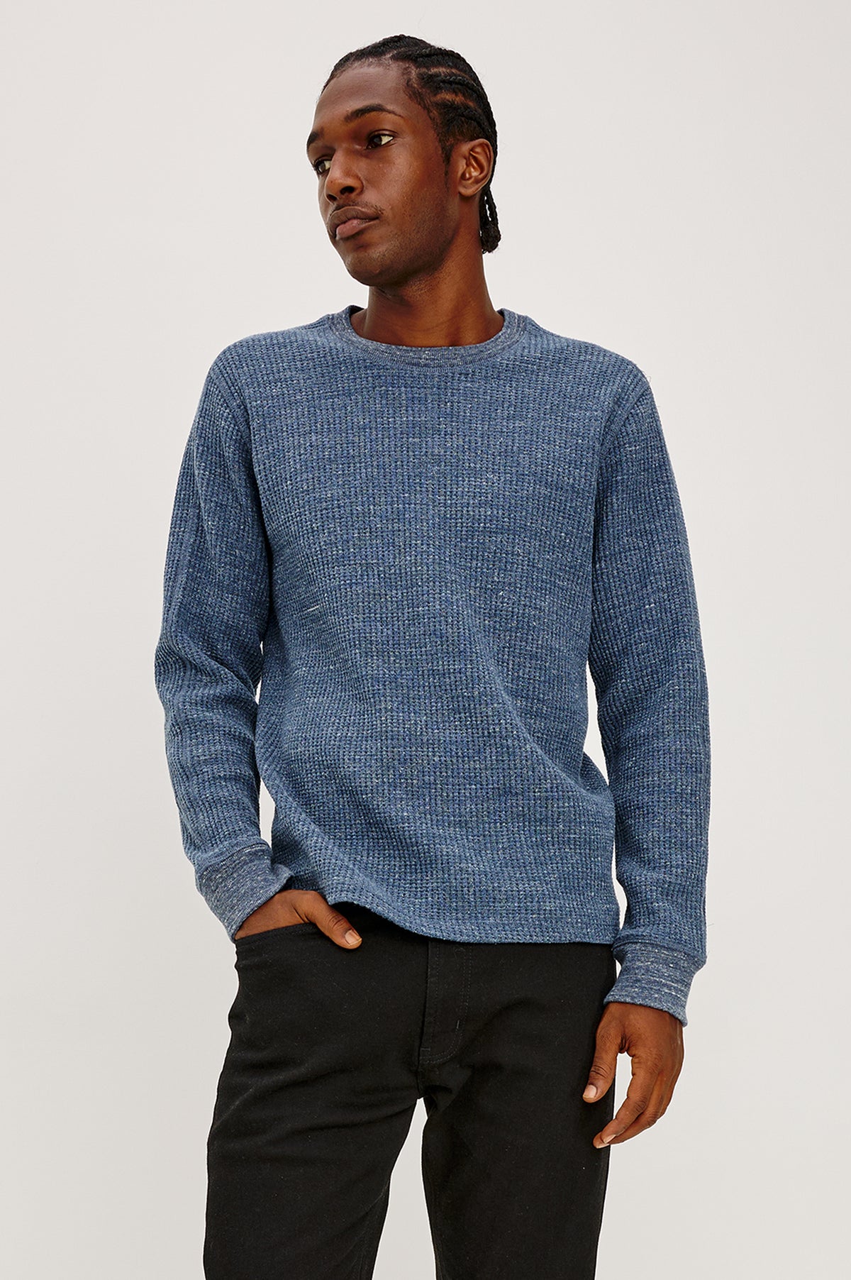 Wade Long-Sleeve Waffle Knit Thermal with a Crew Neck in Medieval Blue Heather Colorway - Upper Body Front View Featured on Model.