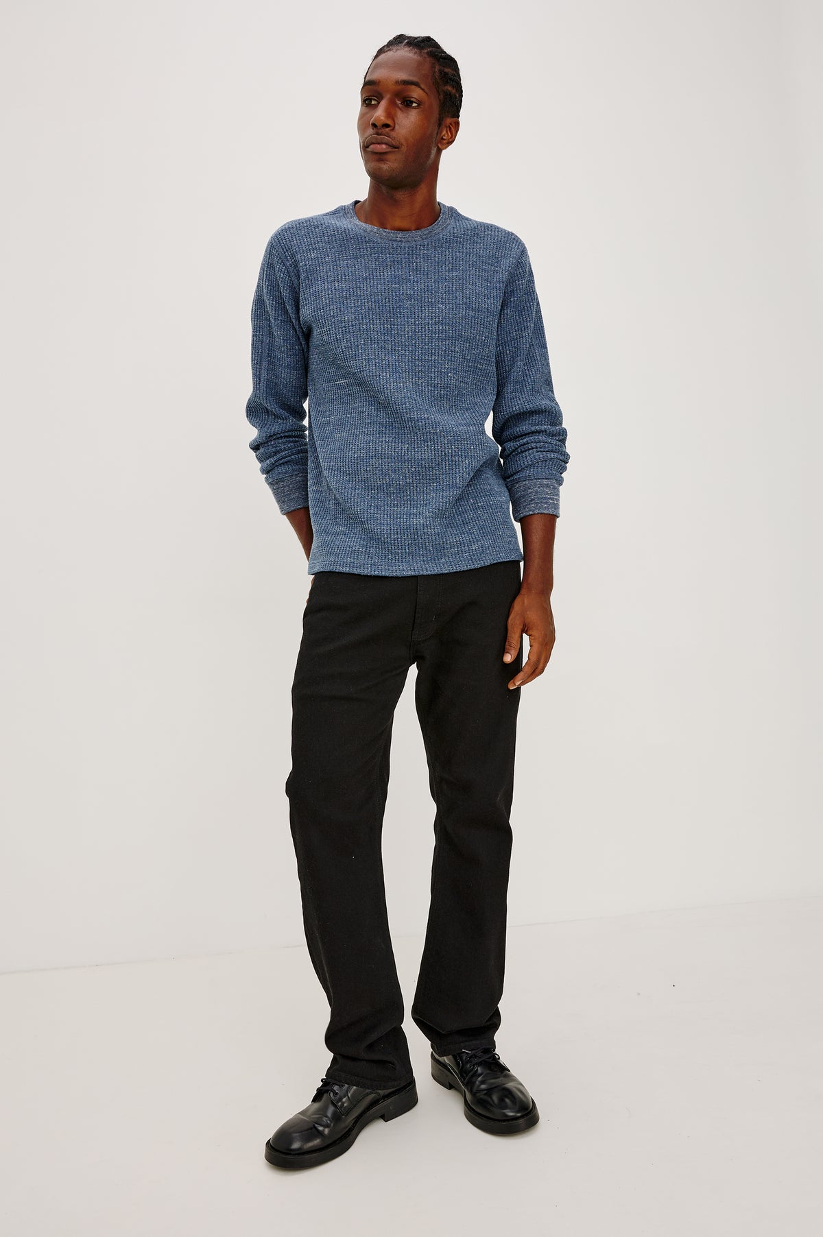 Wade Long-Sleeve Waffle Knit Thermal with a Crew Neck in Medieval Blue Heather Colorway - Full Body Front View Featured on Model.