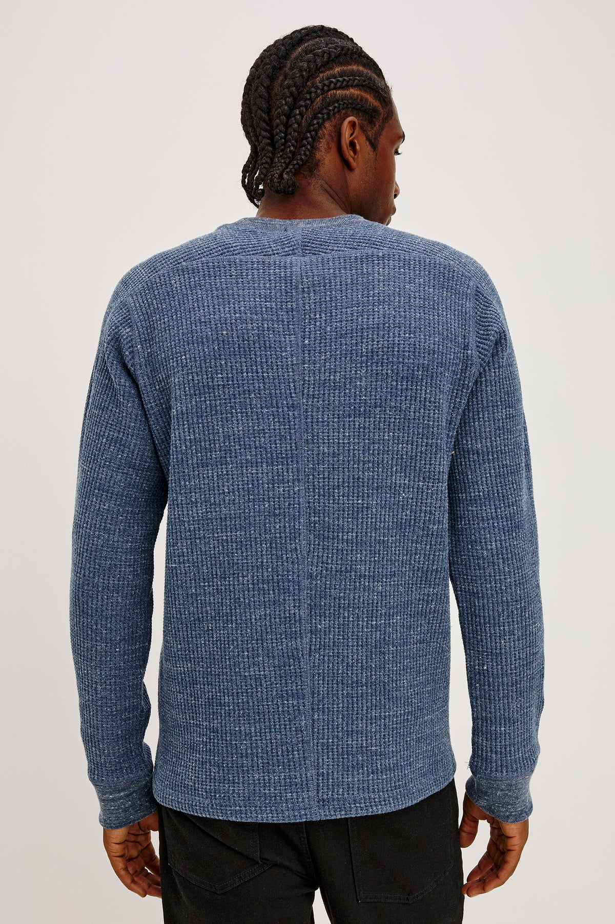 Wade Long-Sleeve Waffle Knit Thermal with a Crew Neck in Medieval Blue Heather Colorway - Upper Body Back View Featured on Model.
