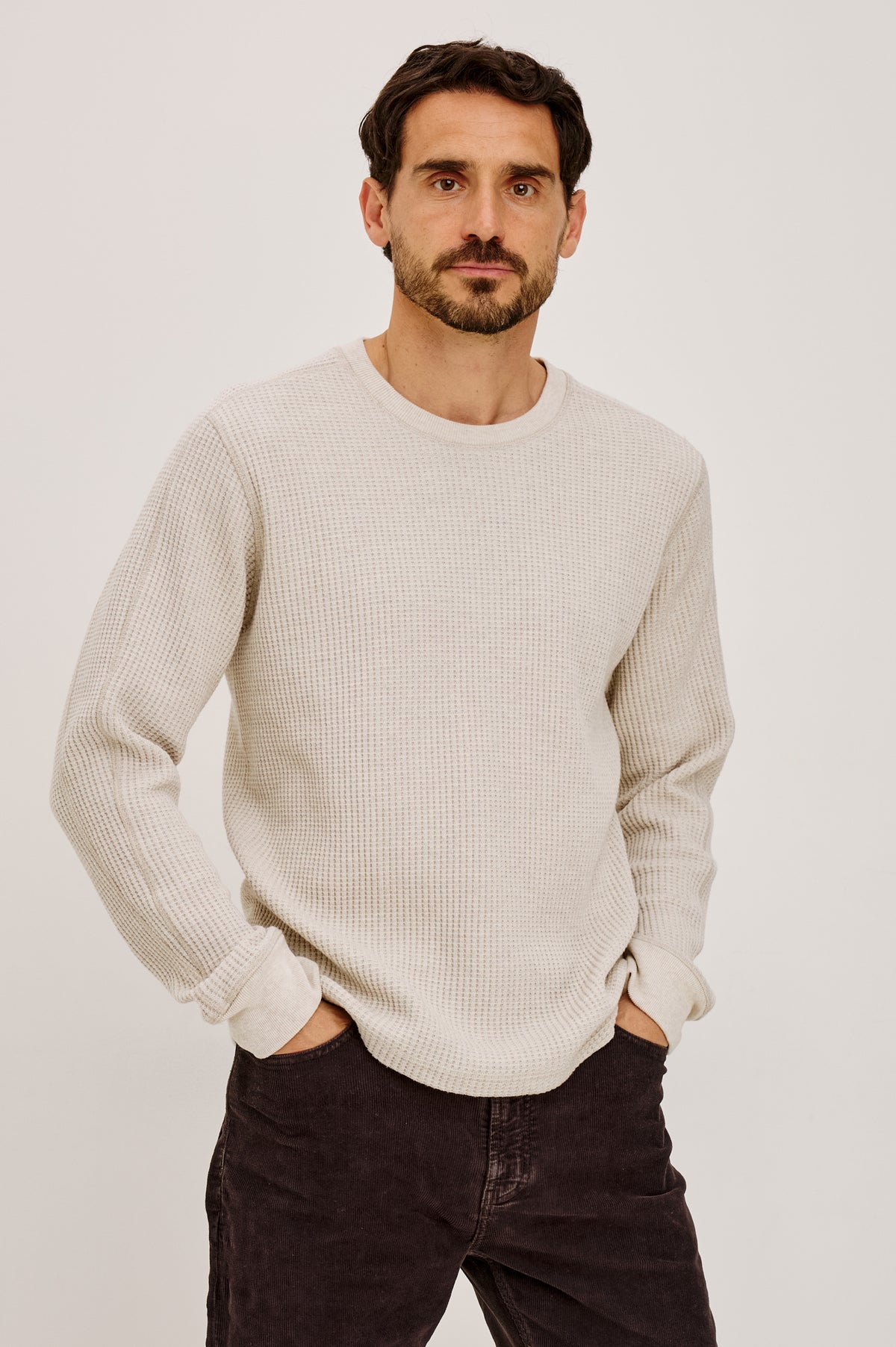 Wade Long-Sleeve Waffle Knit Thermal with a Crew Neck in Oat Heather Colorway - Upper Body Front View Featured on Model.