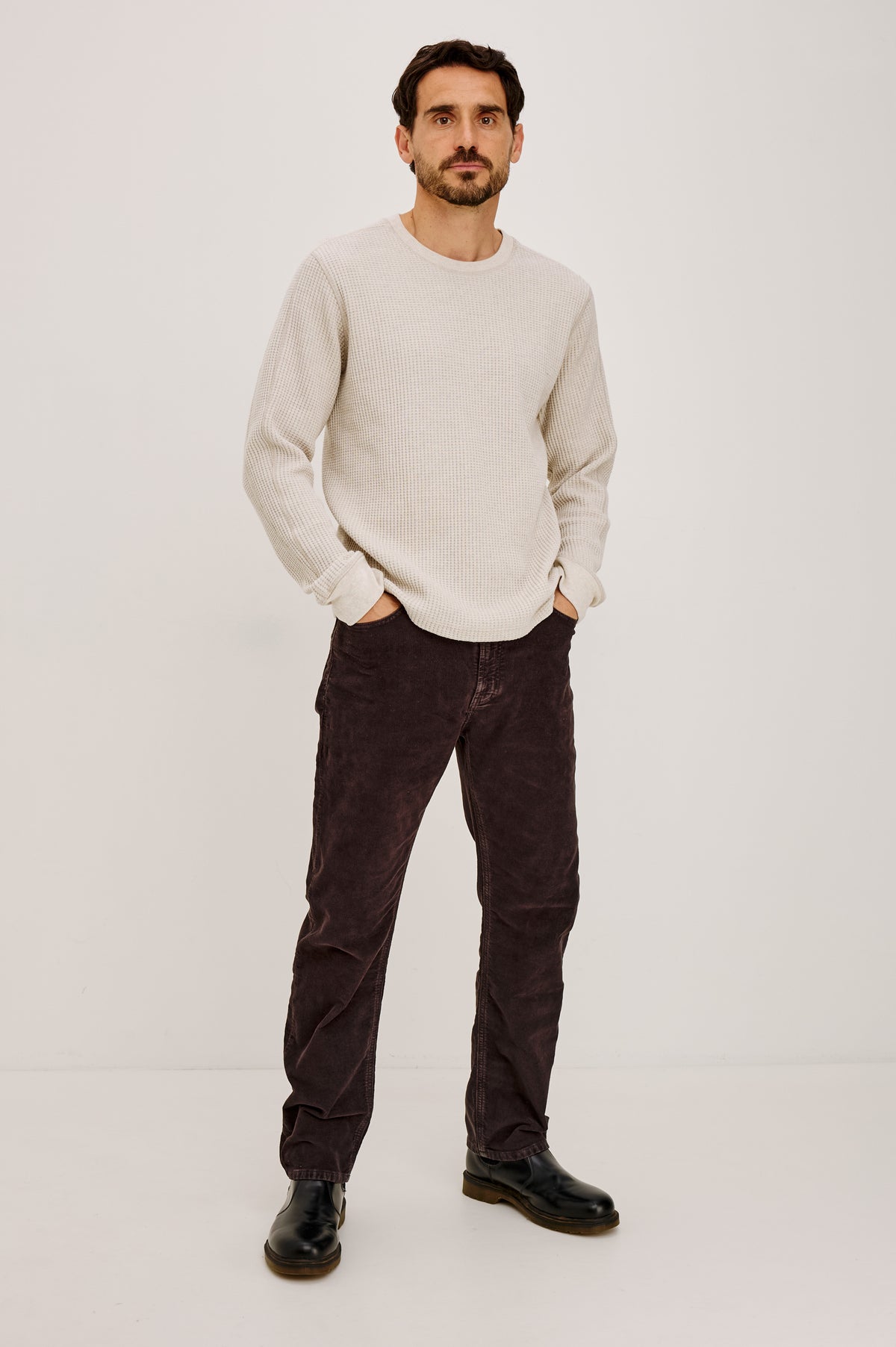 Wade Long-Sleeve Waffle Knit Thermal with a Crew Neck in Oat Heather Colorway - Full Body Front View Featured on Model.
