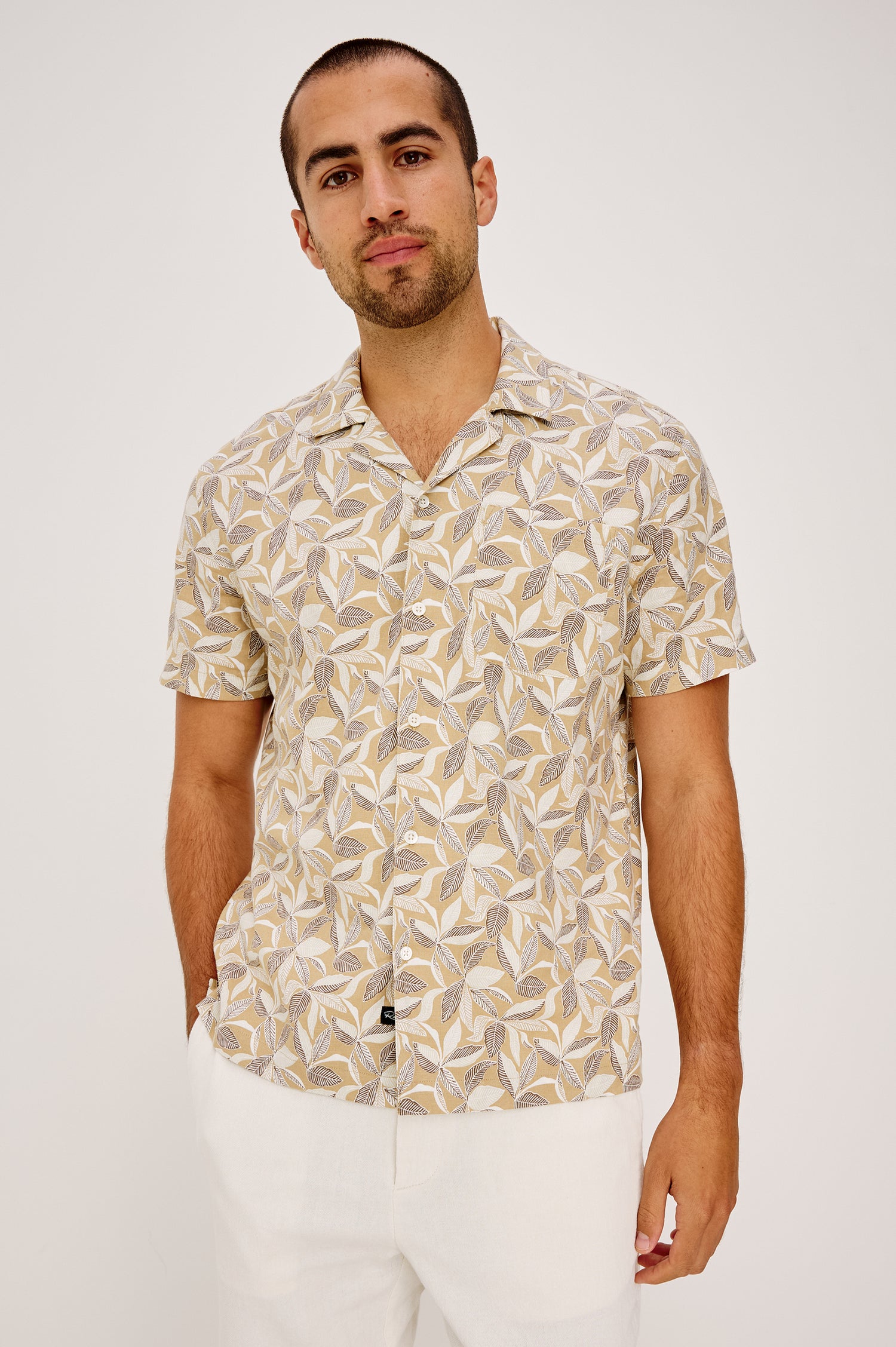 Waimea Short-Sleeve Button Up with a Chest Patch Pocket in Banana Leaf Khaki Colorway,  Front View Featured on Model