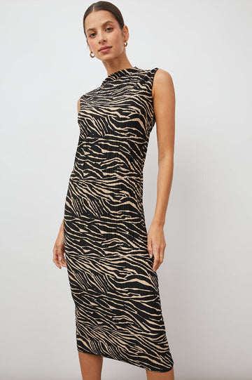 Wakely Sleeveless Midi Dress with Pleated Fabric and a Mock Neck in Cairo Colorway, a Black and Tan Tiger Print - Front Full Body View Featured on Model 