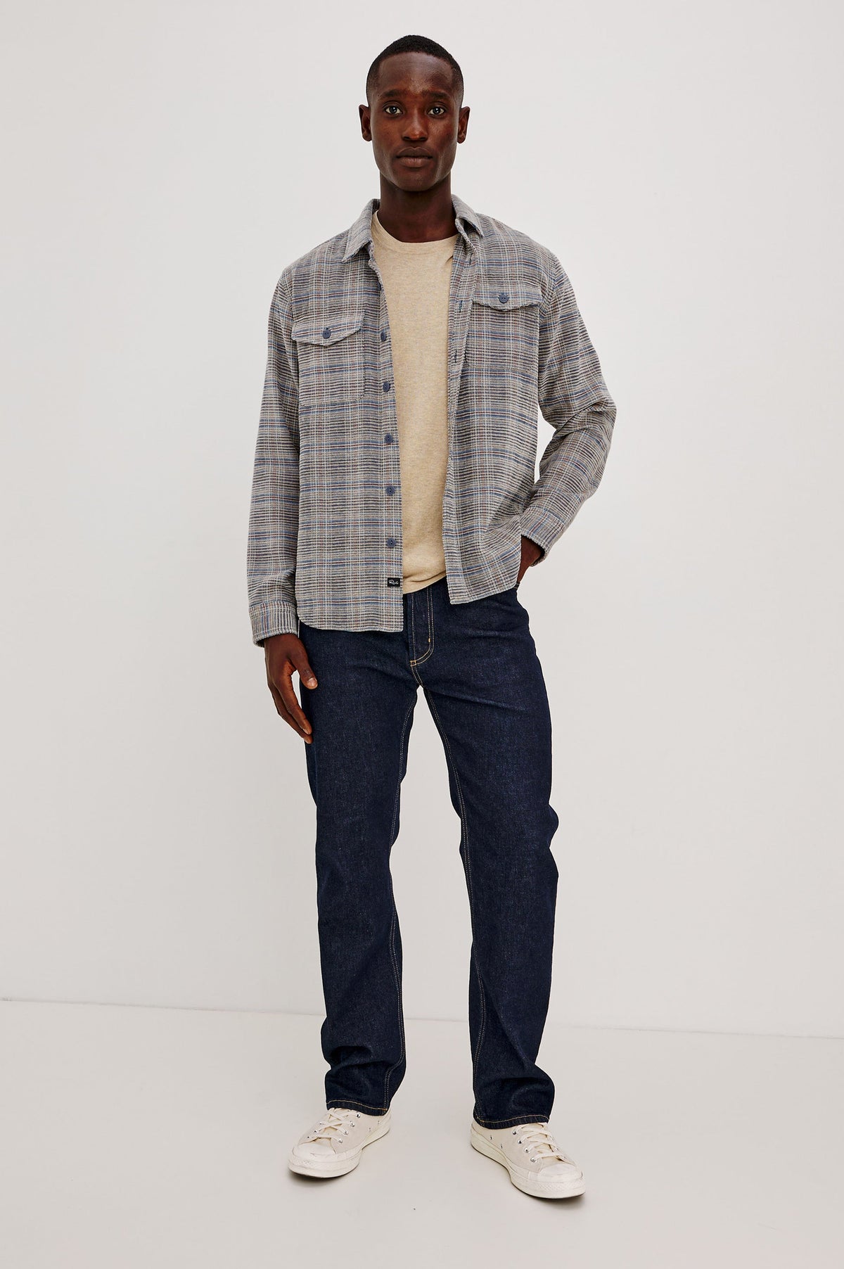 Warren Overshirt in Soft Textured Chenille Cotton With Relaxed Fit, Point Collar, Button Front, Dual Chest Flap Pockets, and Shirttail Hem in Oat Meridian Chenille Colorway - Full Body Front View Featured on Model
