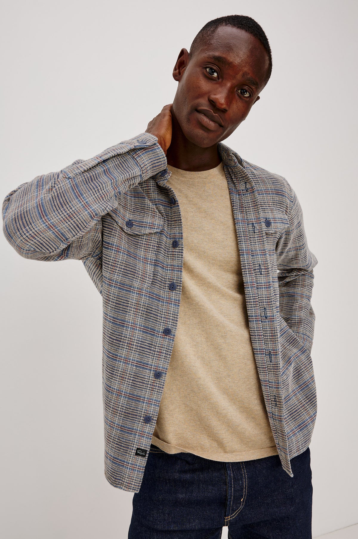 Warren Overshirt in Soft Textured Chenille Cotton With Relaxed Fit, Point Collar, Button Front, Dual Chest Flap Pockets, and Shirttail Hem in Oat Meridian Chenille Colorway - Upper Body Front View Featured on Model