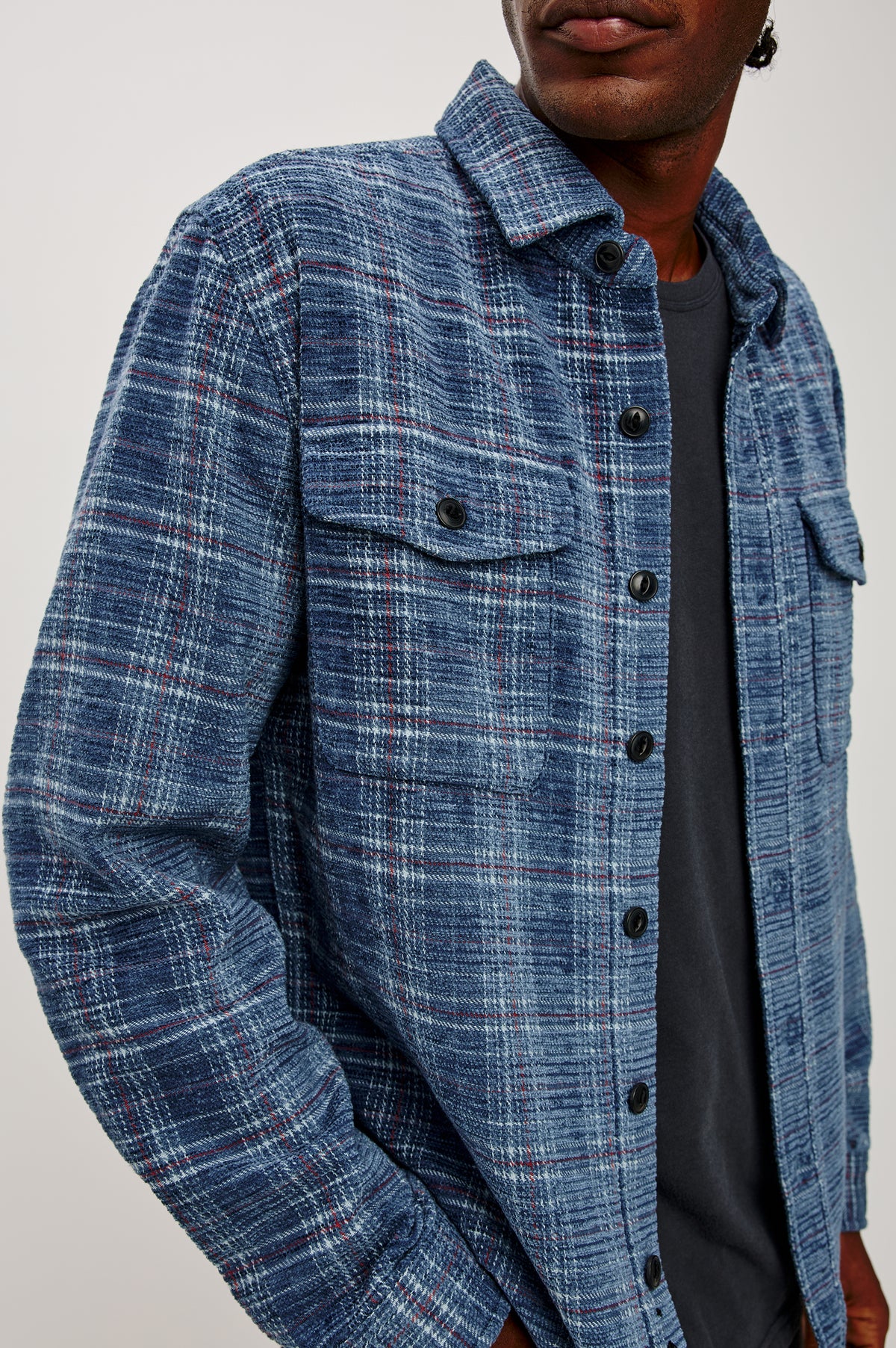 Warren Overshirt in Textured Chenille Cotton Blend With Collar, Button Front, and Dual Chest Flap Pockets in Dark Sky Chenille Colorway - Upper Body Front Detail View Featured on Model.