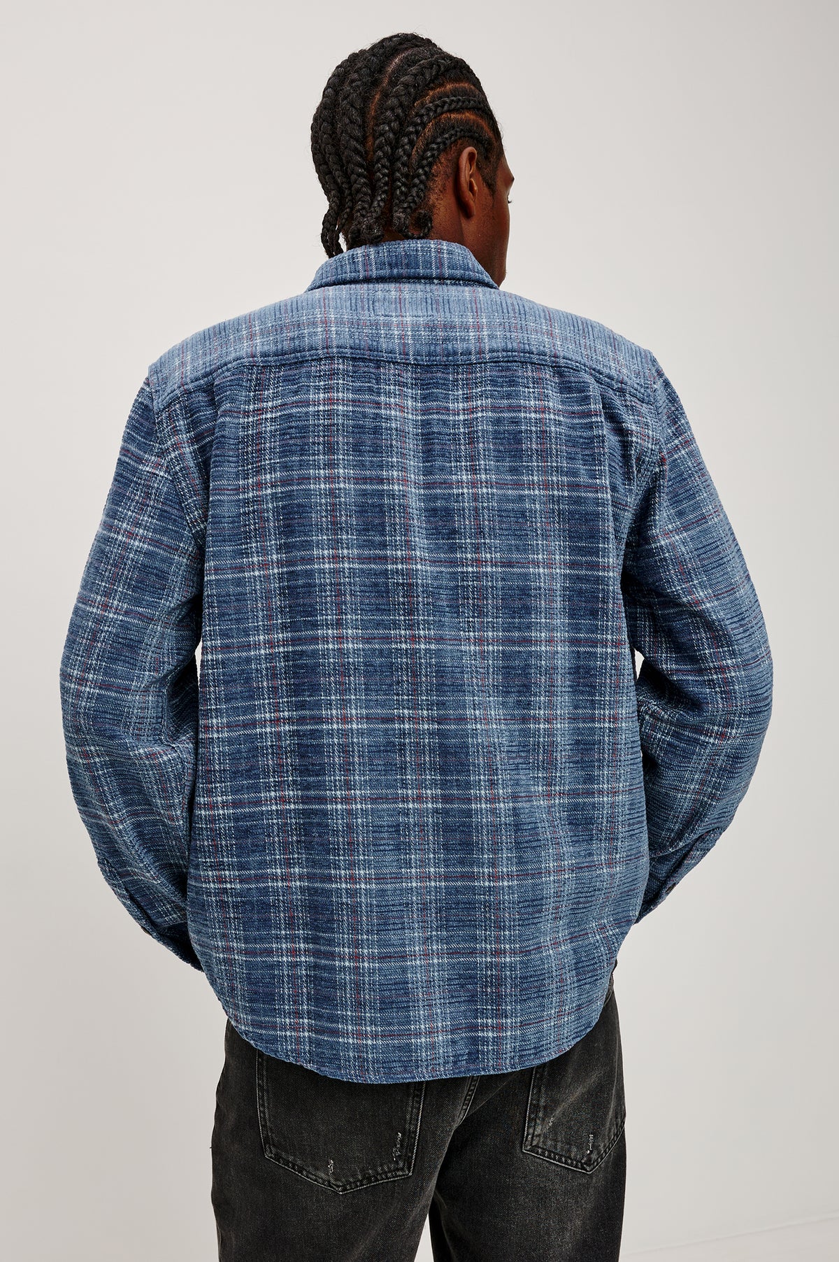 Warren Overshirt in Textured Chenille Cotton Blend With Collar, Button Front, and Dual Chest Flap Pockets in Dark Sky Chenille Colorway - Upper Body Back View Featured on Model.