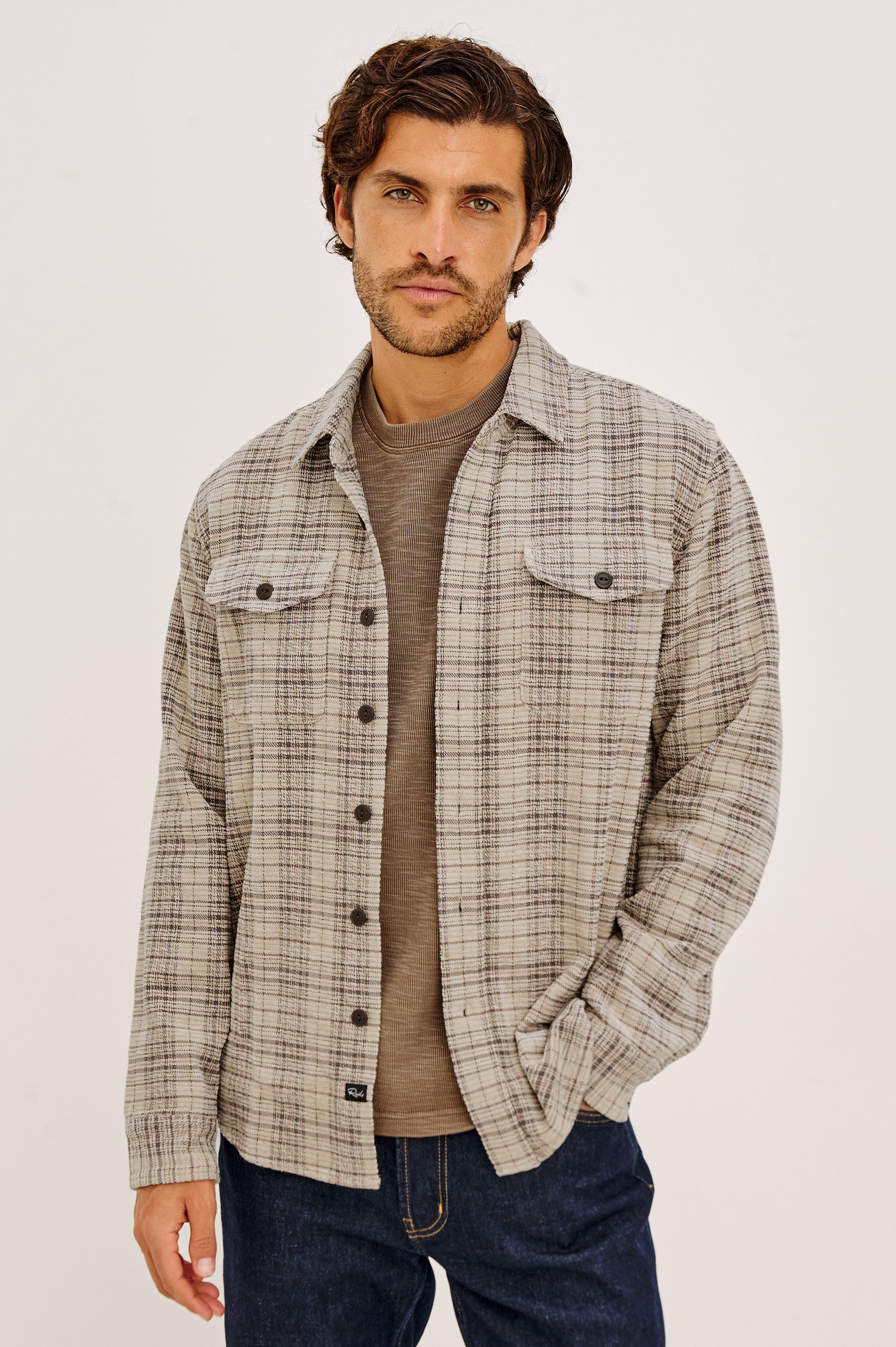 Warren Overshirt in Soft Textured Chenille Cotton With Relaxed Fit, Point Collar, Button Front, Dual Chest Flap Pockets, and Shirttail Hem in Wheat Rhubarb Chenille Colorway - Upper Body Front View Featured on Model
