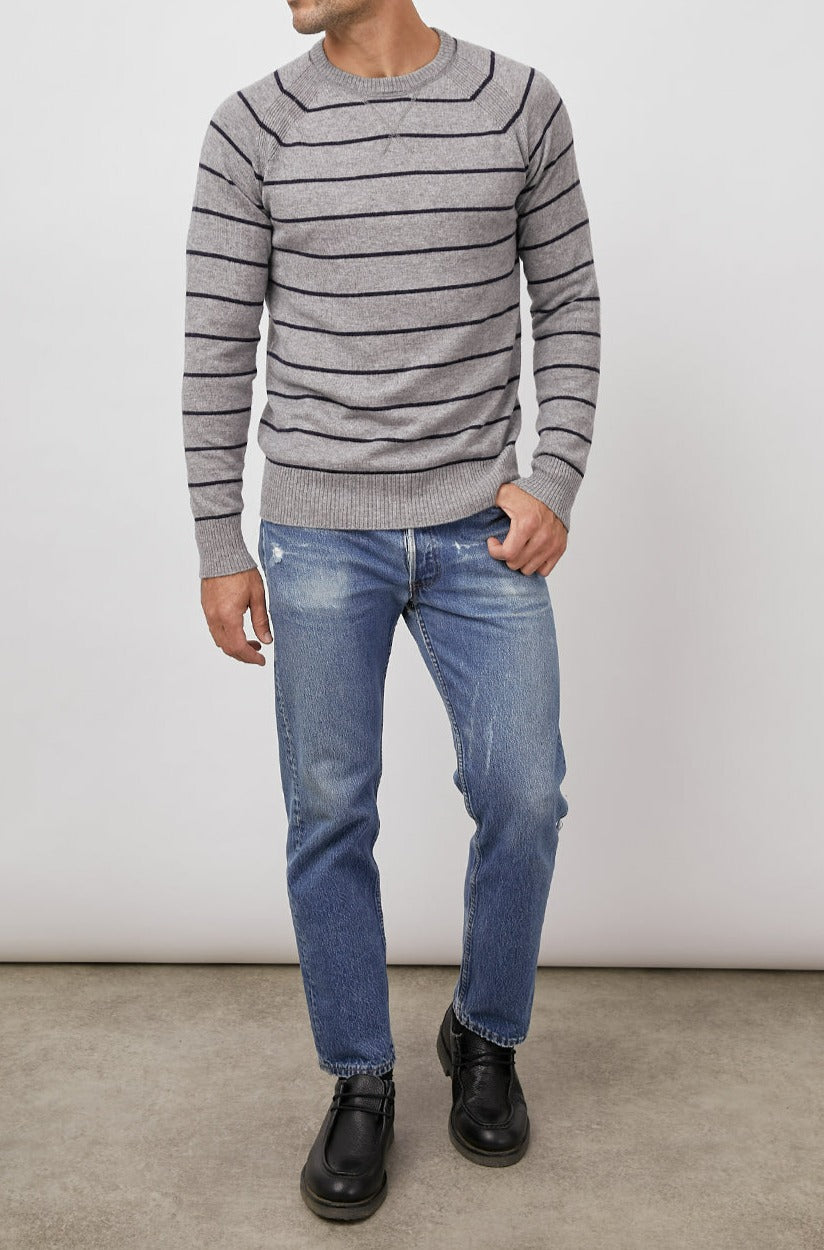 Watkins Heather Grey Navy Crew Neck Sweater- full body front