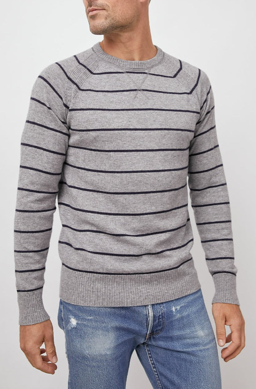 Watkins Heather Grey Navy Crew Neck Sweater- front