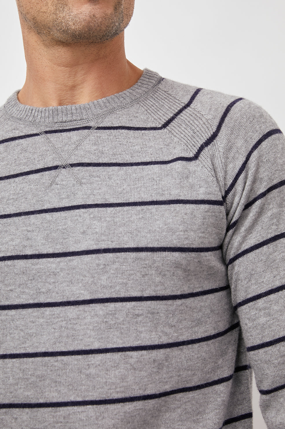 Watkins Heather Grey Navy Crew Neck Sweater- close up