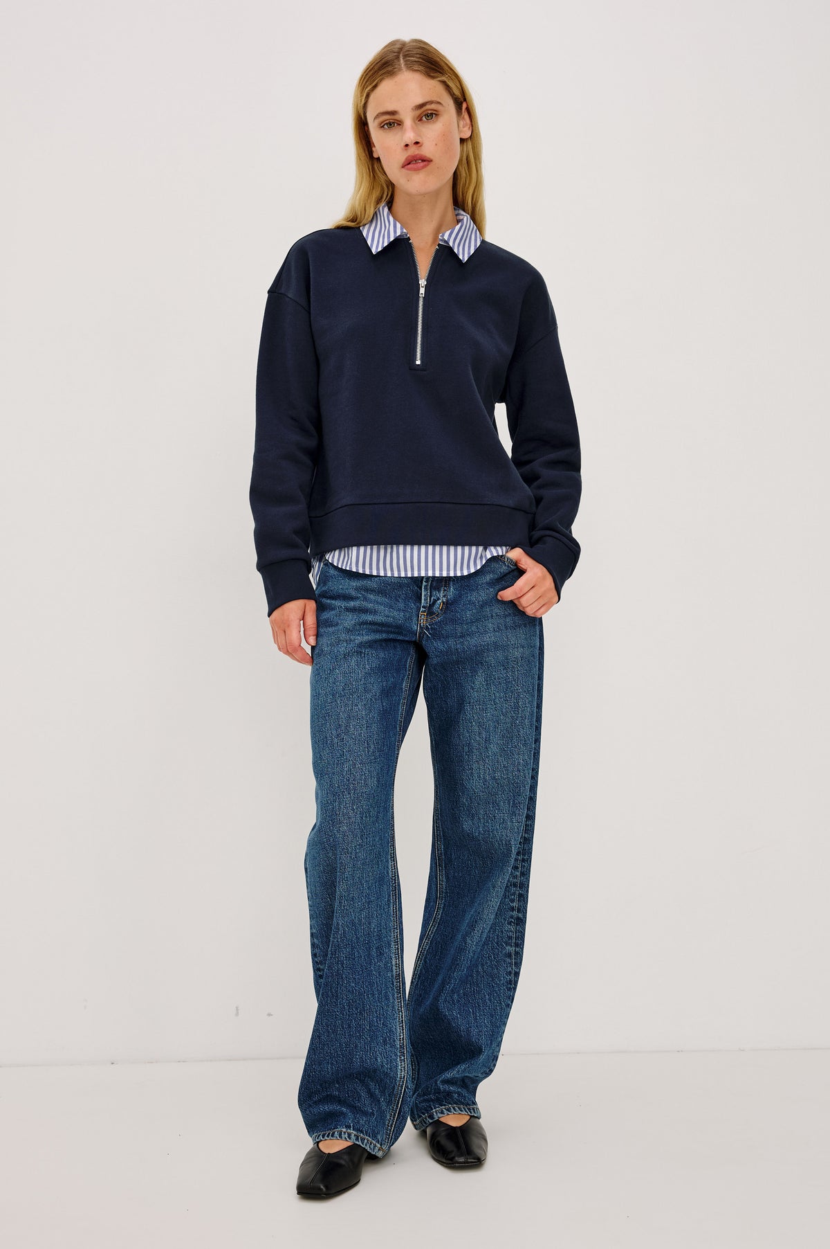 Waverly Sweatshirt in Soft Cotton With Half-Zip, Contrast Collar and Hem for Built-In Layering Effect, Relaxed, Boxy Fits, and Long Sleeves in Navy Colorway - Full Body Front View Featured on Model.