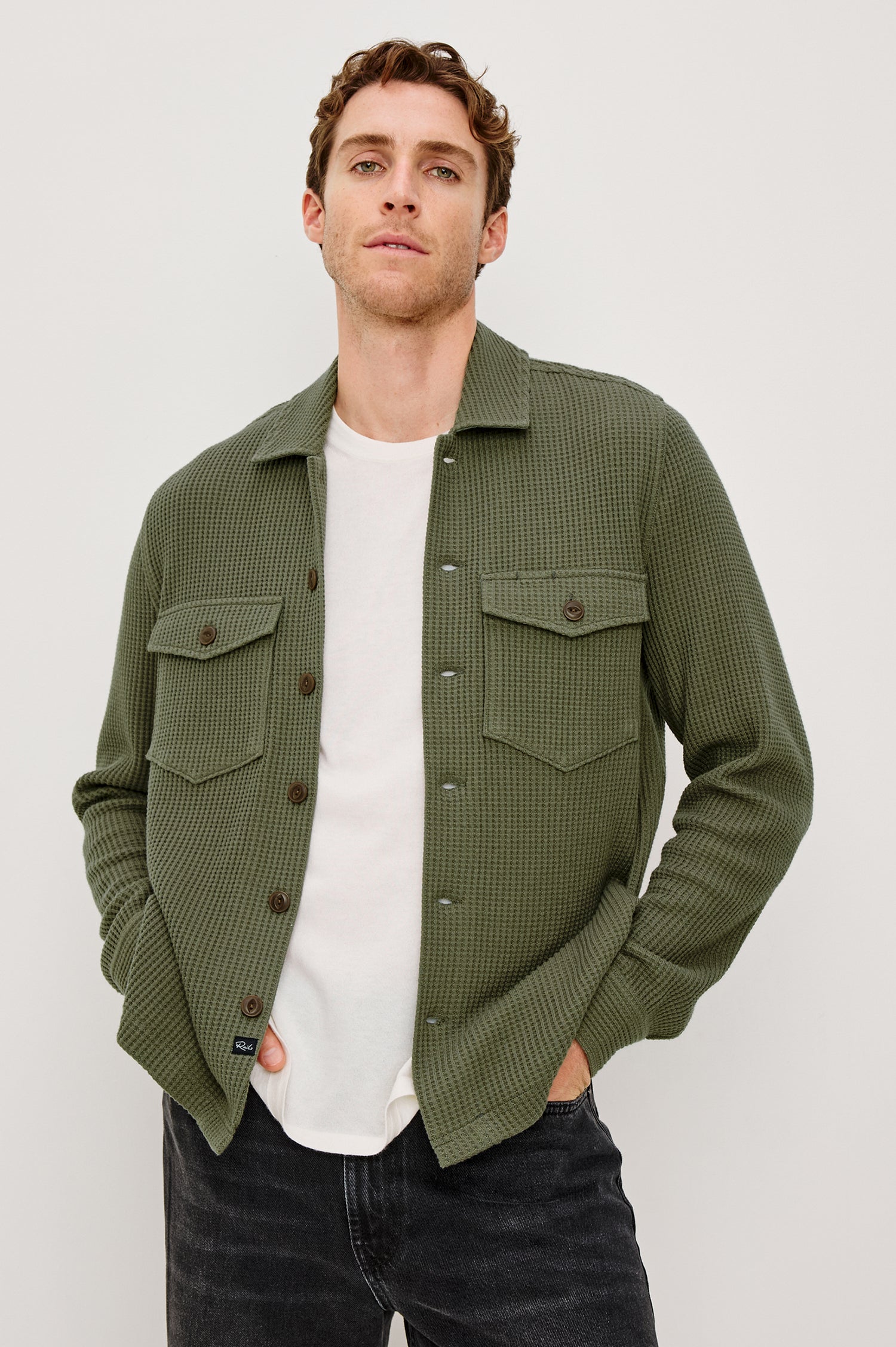 Wells Button Front Overshirt in Waffle Knit Cotton Blend With Collar, Buttoned Chest Flap Pockets, and Long Sleeves in Forest Colorway - Upper Body Front View Featured on Model