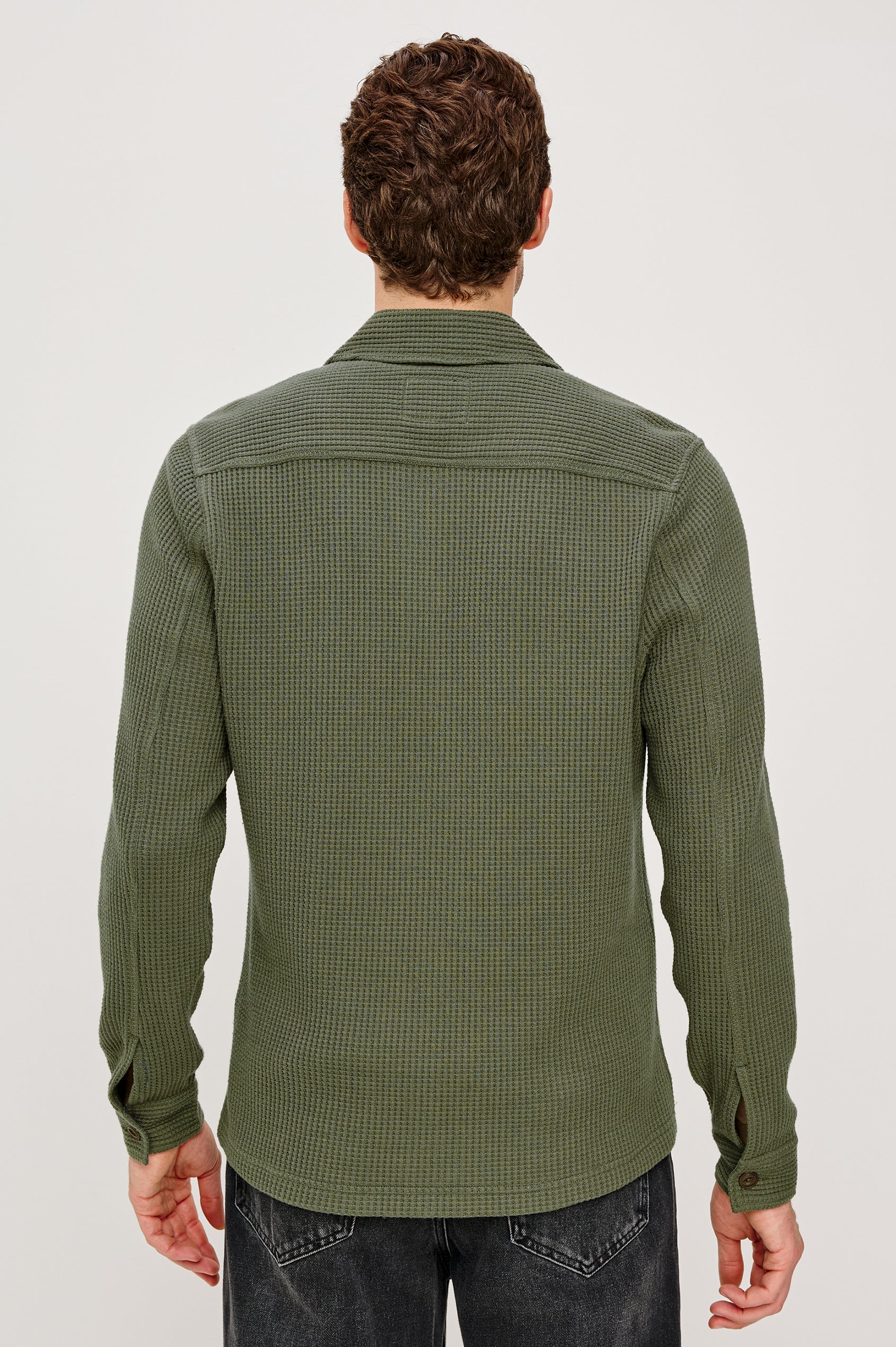 Wells Button Front Overshirt in Waffle Knit Cotton Blend With Collar, Buttoned Chest Flap Pockets, and Long Sleeves in Forest Colorway - Upper Body Back View Featured on Model