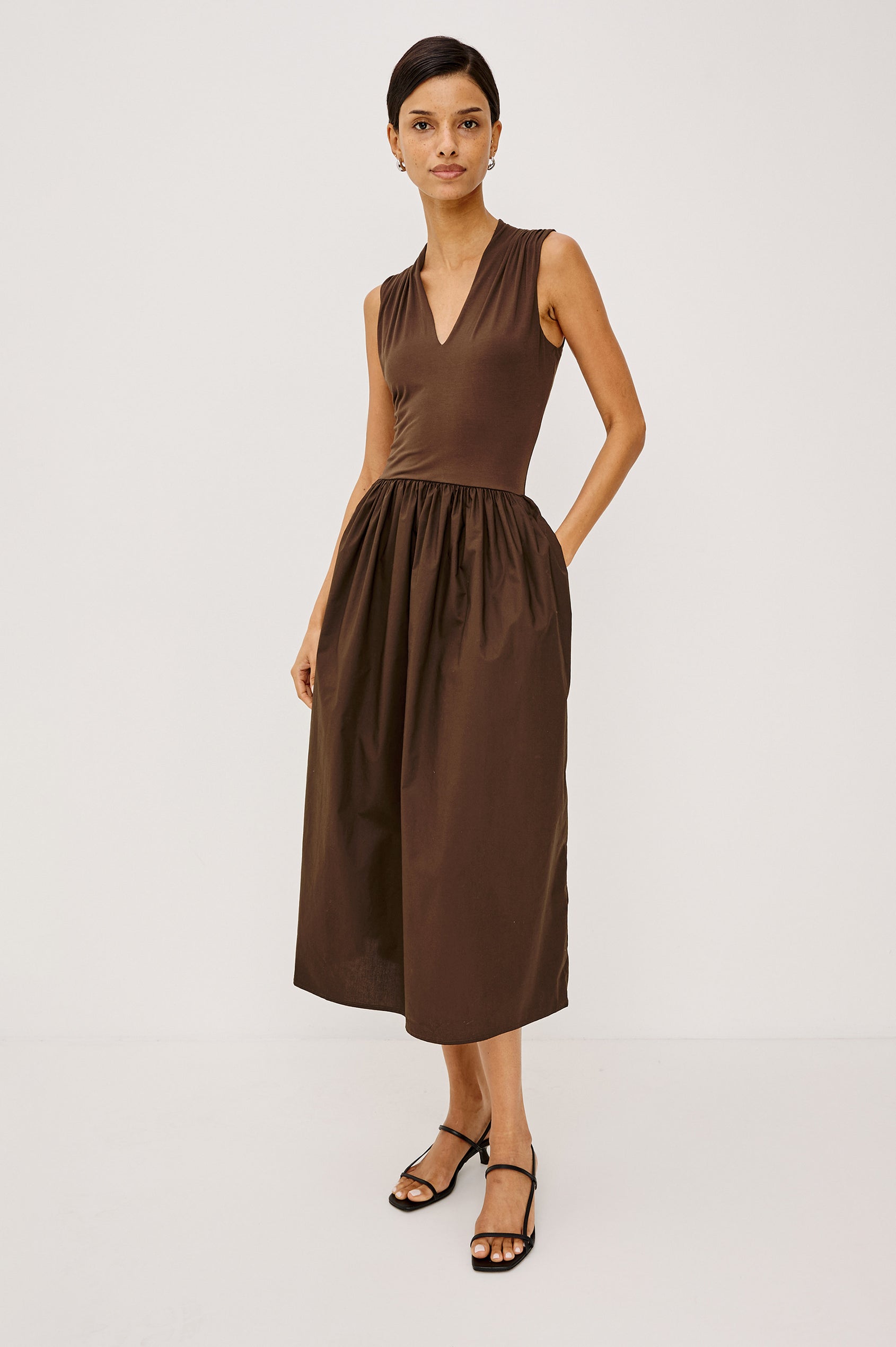 Winnie Midi Dress With Jersey Bodice, Cotton Poplin Skirt, Gathered Shoulders, V-Neck, and Side Pockets in Espresso Colorway - Full Body Front View Featured on Model