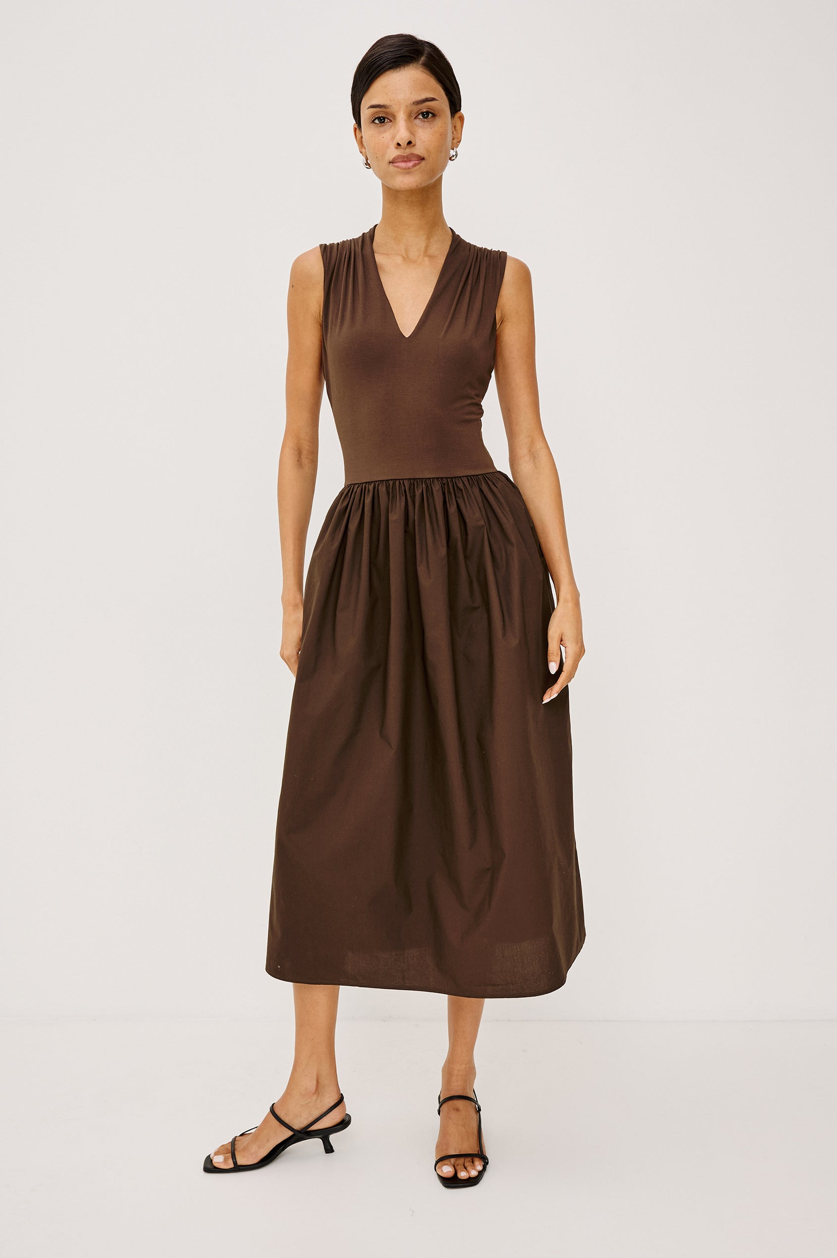 Winnie Midi Dress With Jersey Bodice, Cotton Poplin Skirt, Gathered Shoulders, V-Neck, and Side Pockets in Espresso Colorway - Full Body Front View Featured on Model