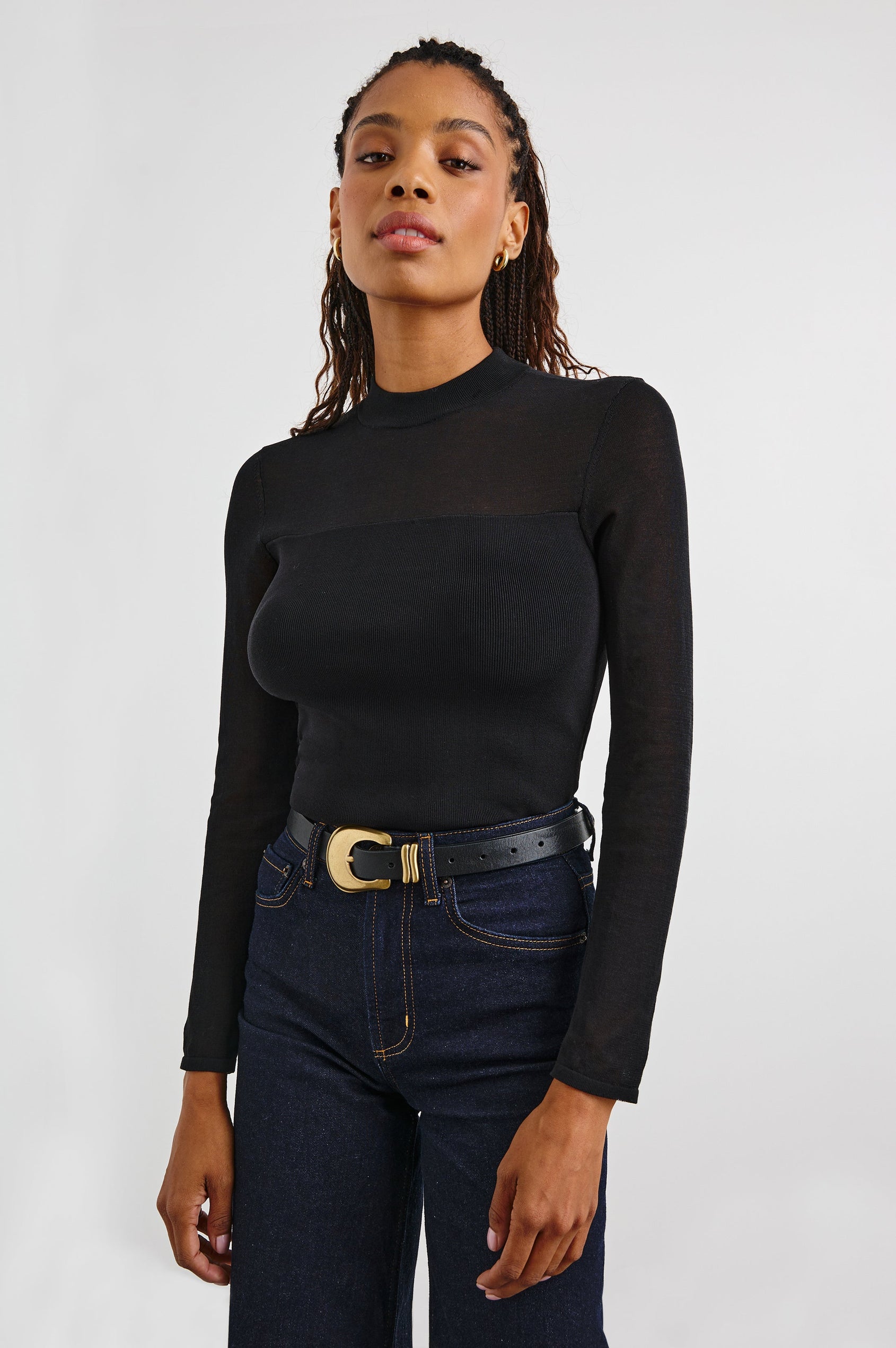 Winona Long-Sleeve Top with a Transparent Yoke and a Crew Neck in Black Colorway - Front View Featured on Model