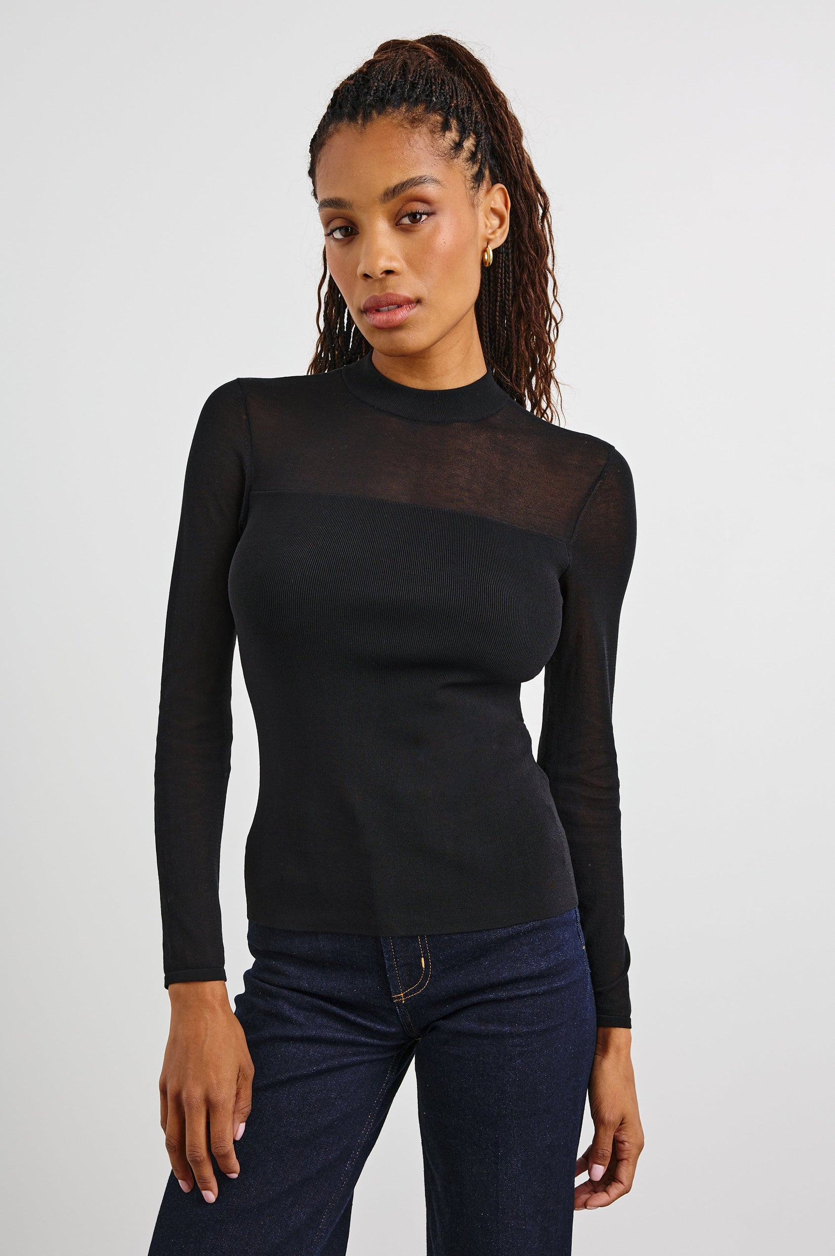 Winona Long-Sleeve Top with a Transparent Yoke and a Crew Neck in Black Colorway - Front View Featured on Model
